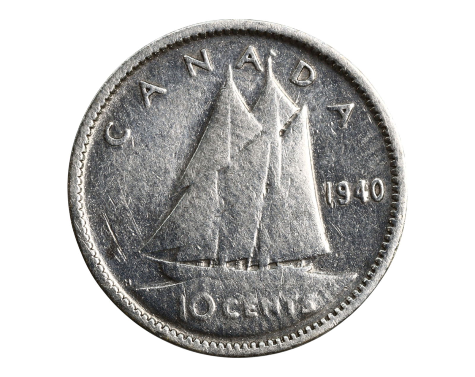 CANADA: George VI - Bluenose Schooner Silver 10 Cents Coin, 1940, 17mm (1 of 3)
