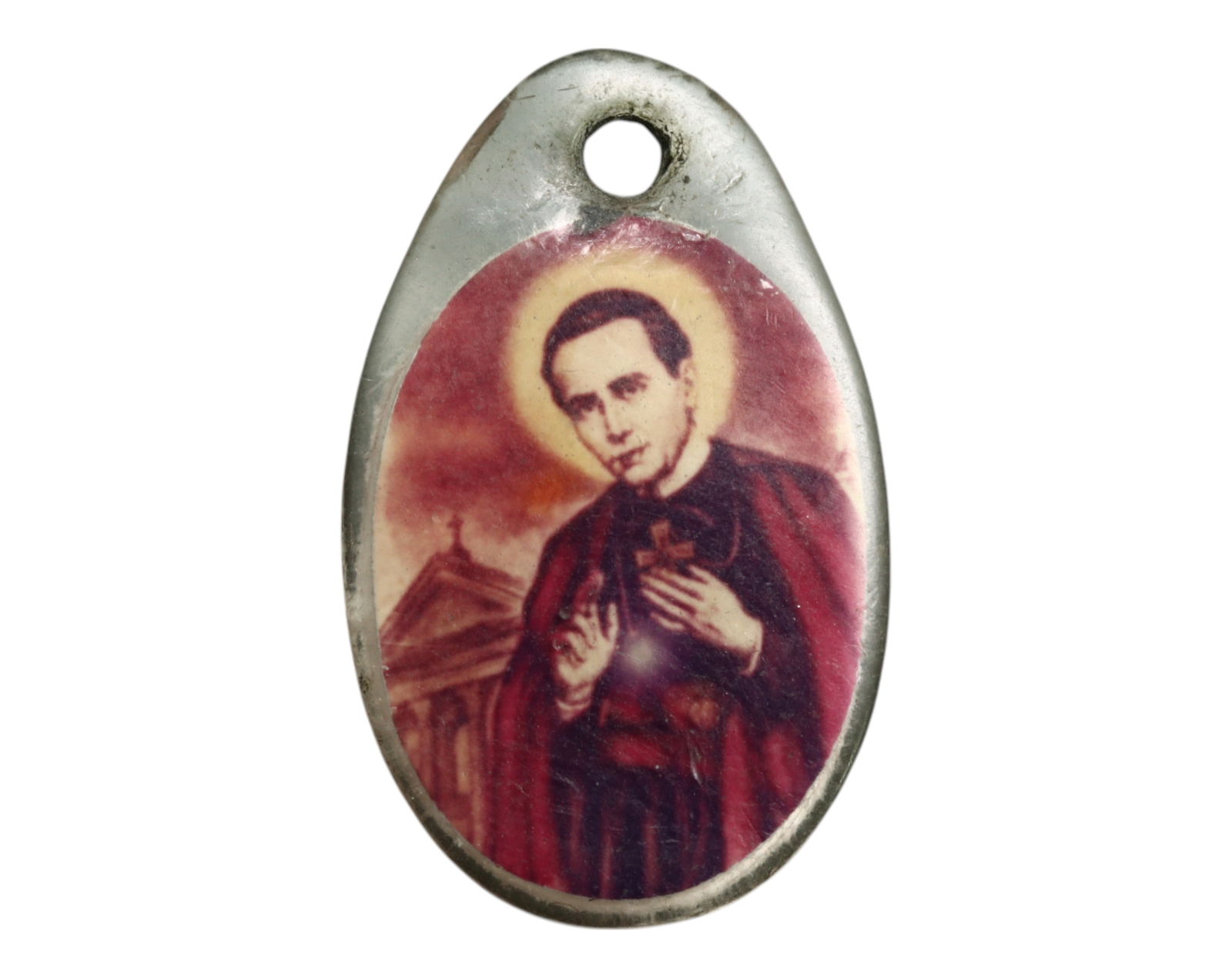 UNITED STATES: Saintly Legacy - Relic Medal of St. John Neumann with Cloth Fragment, c.20th C, 20mm: This 20mm devotional relic medal honors St. John Neumann, the fourth Bishop of Philadelphia and the first American male saint to be canonized. On the obverse, a vivid enameled portrait of Neumann in e