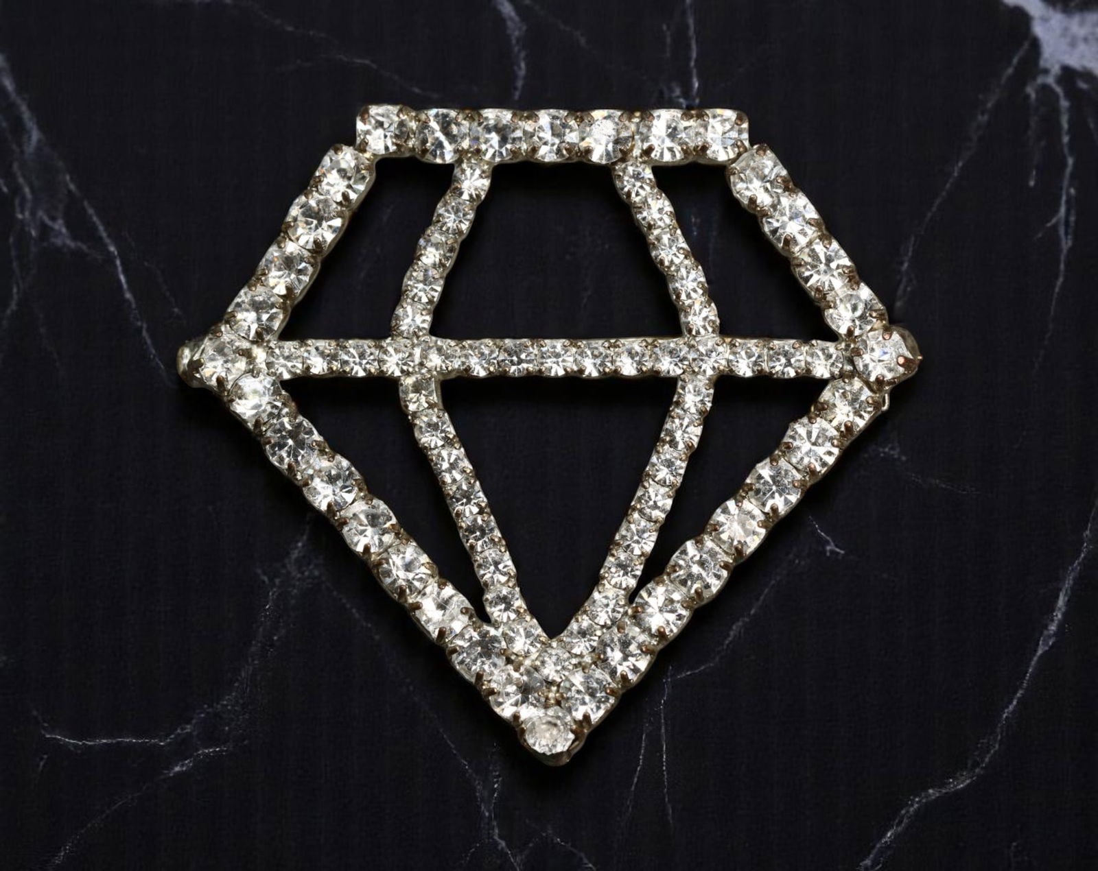 VINTAGE BOLD STATEMENT ERA: Brooch - Diamond Outline with Clear Stones, 4.2x3.5cm (1 of 2)