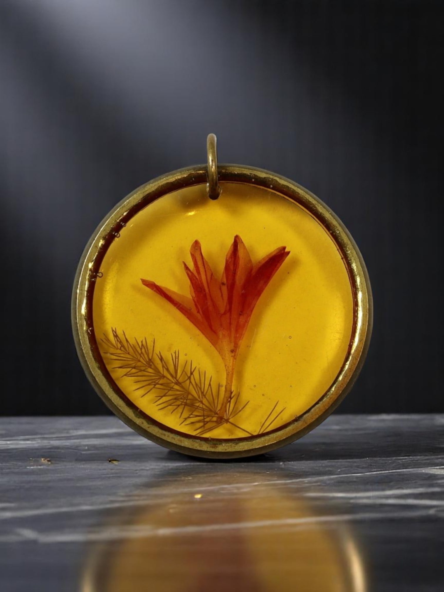 MID-CENTURY: Botanical Resin Pendant - Encased Flora in Amber-Tone Domed Disc (2.5 cm) (1 of 2)
