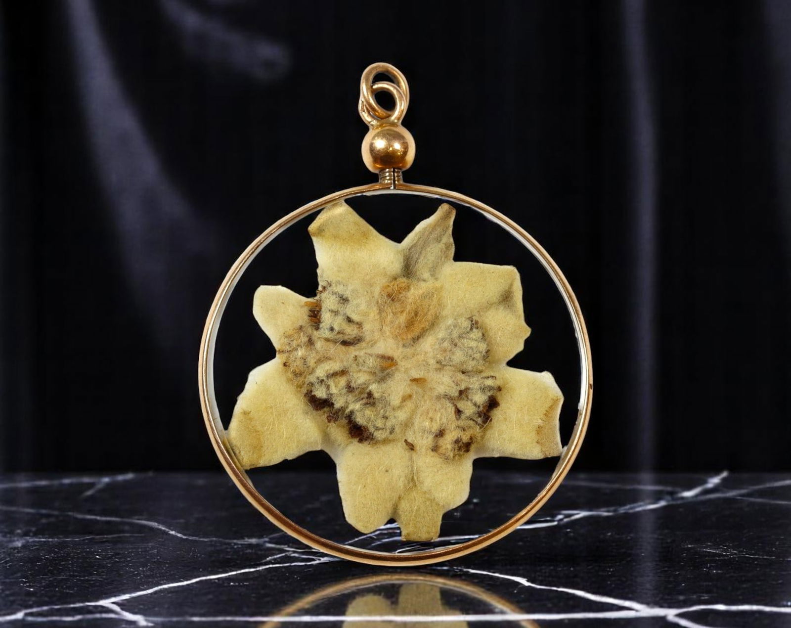 MID-CENTURY: Edelweiss Flower Pendant - Alpine Botanical Under Glass, Goldtone Frame (4.5 x 3.5 cm) (1 of 2)