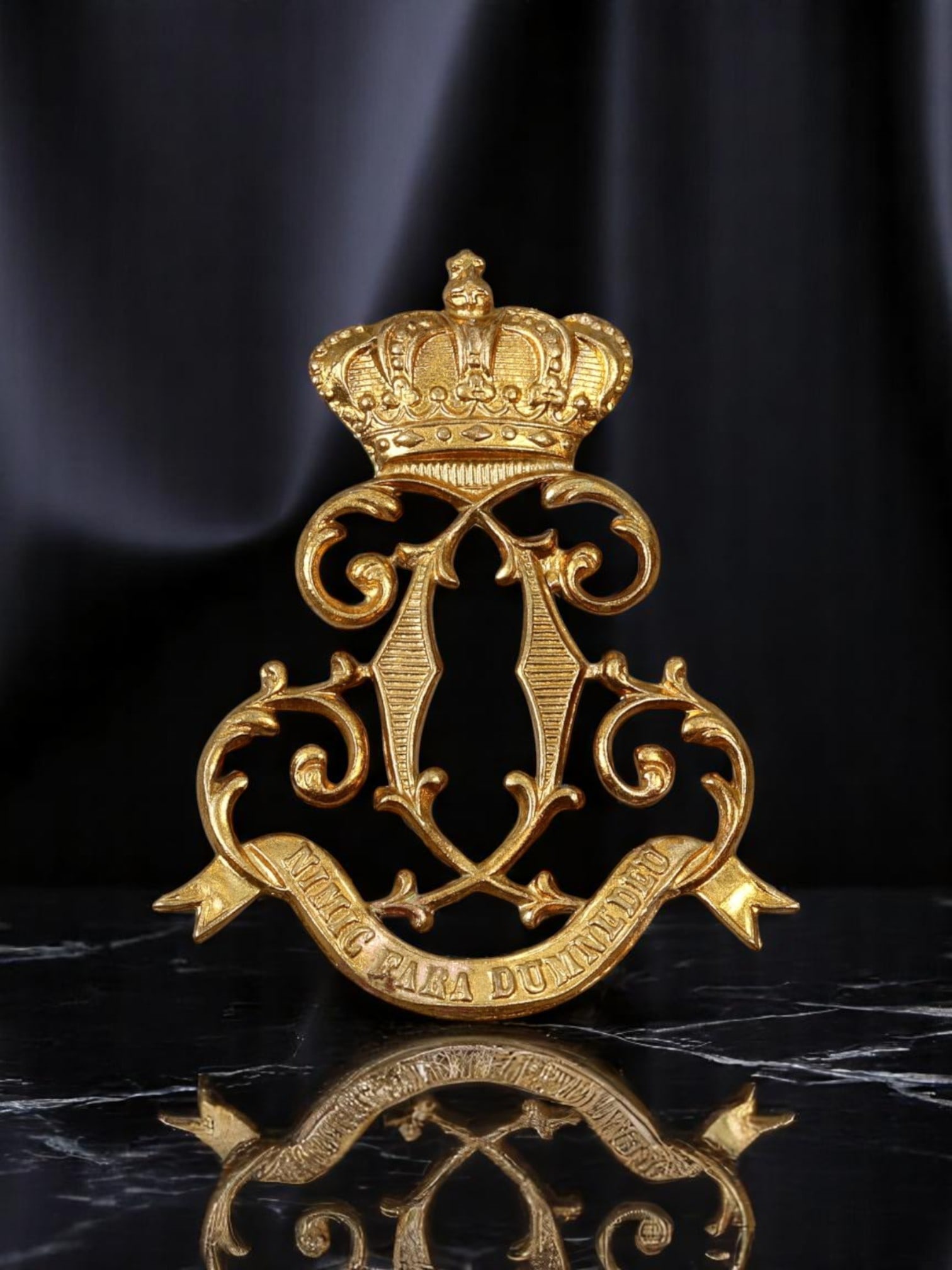 HERALDIC REVIVAL: Regal Badge - Crowned Monogram & Latin Motto, Goldtone (4x3cm) (1 of 2)