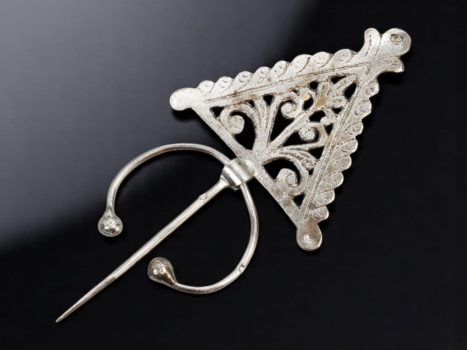 TRIBAL SILVER: Berber Fibula - Pierced Arabesque Triangle, Ring & Spike Clasp in Solid Silver (8 x 4 (1 of 2)