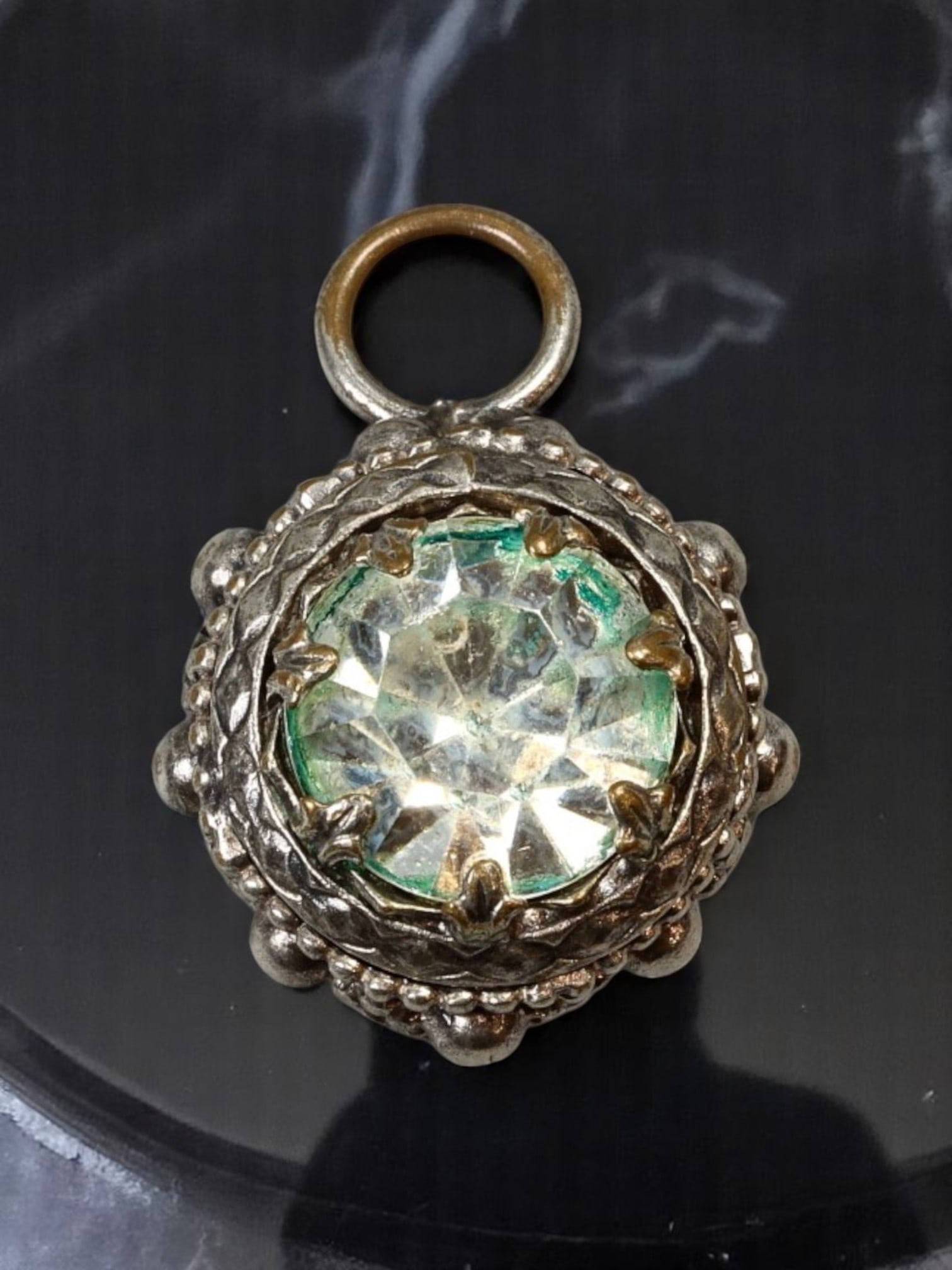 VICTORIAN REVIVAL: Pendant - Bezel-Set Green Stone, Granulated Silvertone Frame (4g, 2.5x1.5cm) (1 of 2)