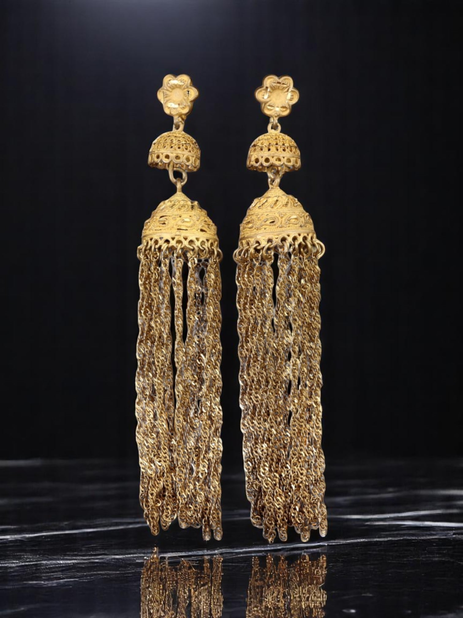 VINTAGE RETRO: Long Drop Earrings - Filigree Dome & Chain Fringe, Goldtone Finish (12.7cm): A dramatic pair of vintage retro earrings featuring ornate filigree dome caps from which cascades of slender goldtone chain fringe are suspended. Delicate floral tops accentuate the sculptural flair, 