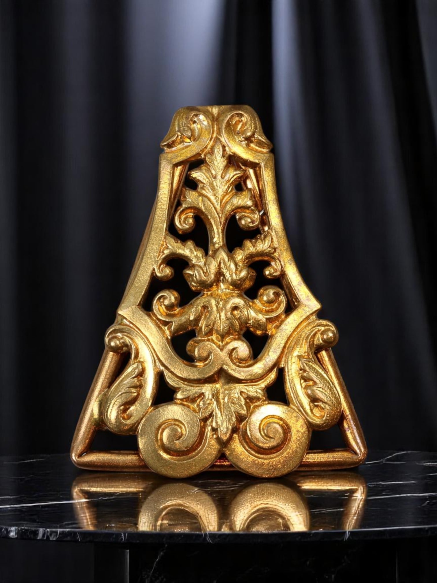 ART NOUVEAU REVIVAL: Belt or Shoe Buckle - Ornate Scrollwork, Goldtone Finish (4x3cm): Evocative of Art Nouveau revival trends, this richly cast buckle features fluid scrollwork, botanical flourishes, and a warm goldtone patina. Designed with openwork detailing framed within a triangula