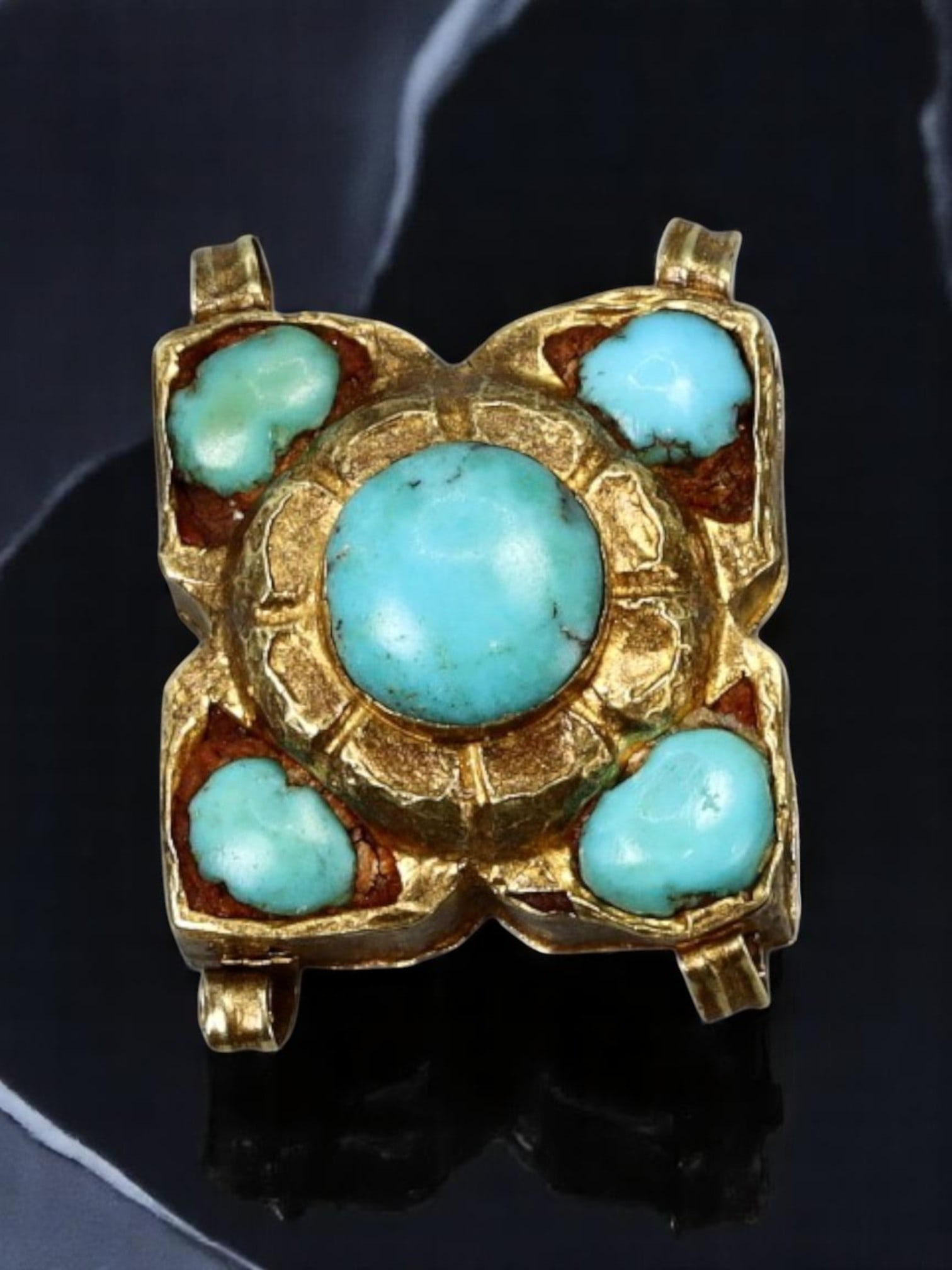 TIBETAN / HIMALAYAN: Amulet Connector - Real Turquoise Inlay, Gilt Bronze, Raised Petal Motif (1 of 2)