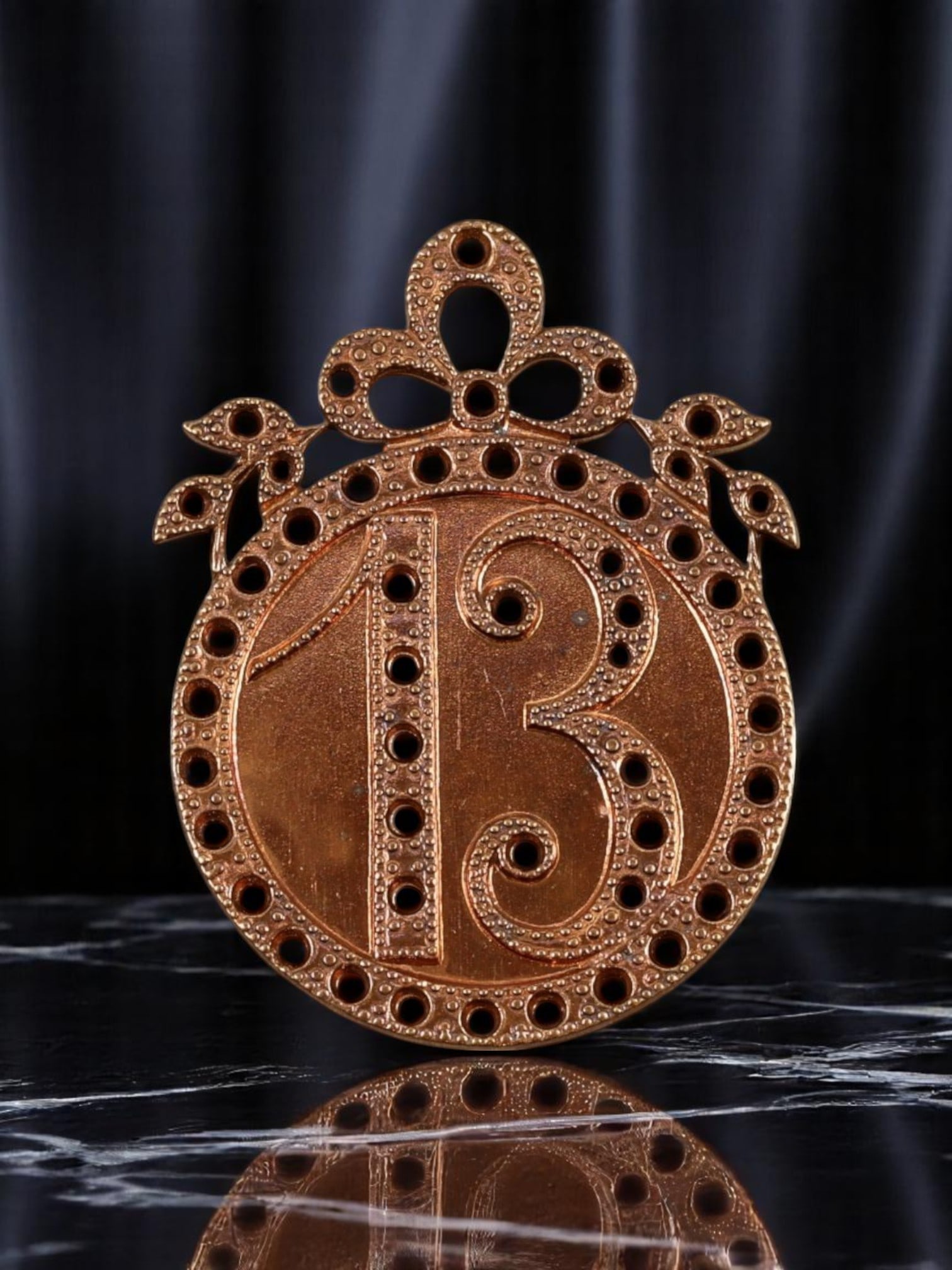 VICTORIAN REVIVAL: Ornate "13" Medallion Plaque - Rosetone Finish, Pierced Detailing (3x2.5cm) (1 of 2)