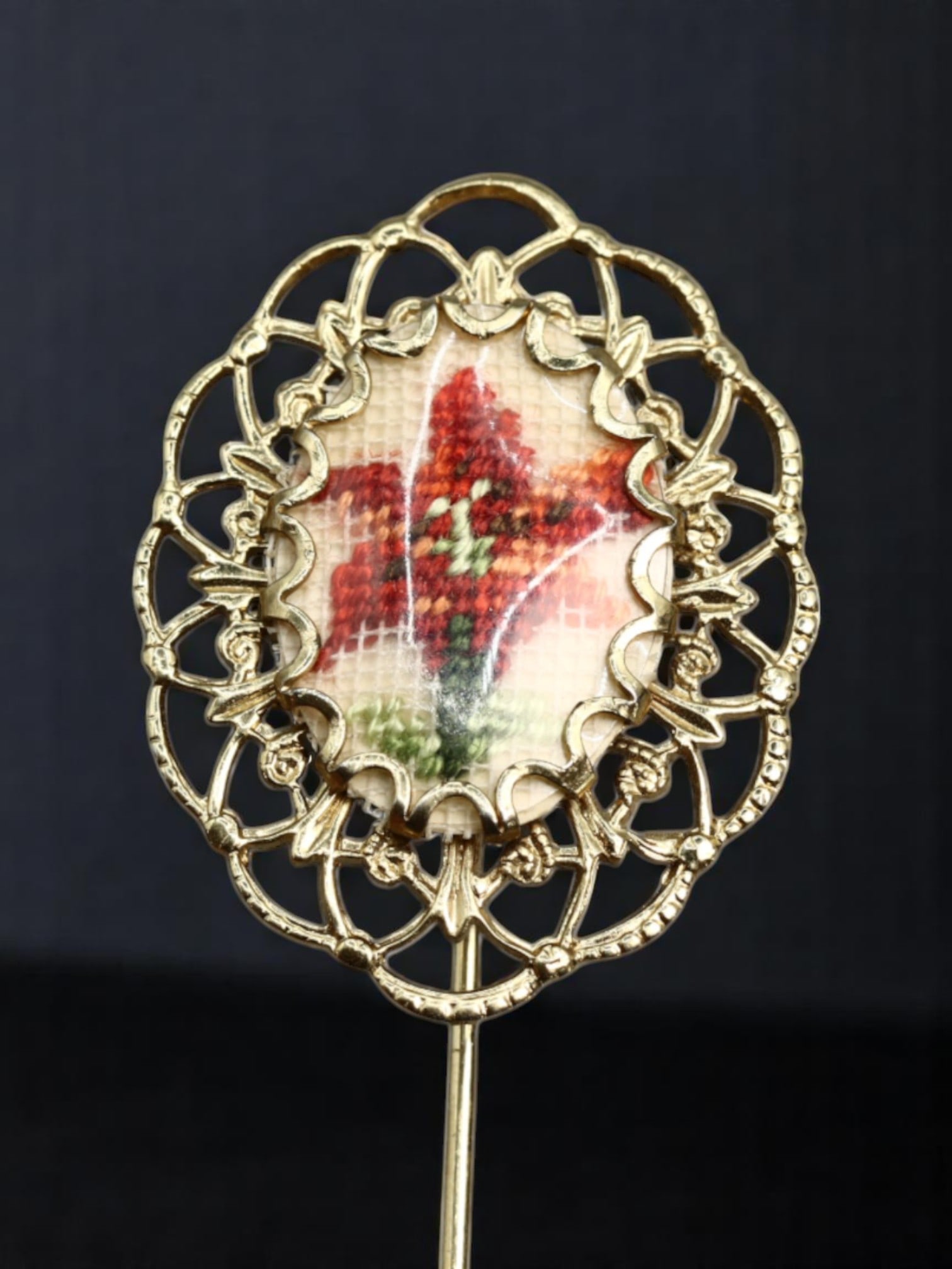 VICTORIAN REVIVAL: Stick Pin - Floral Tapestry Under Dome, Filigree Frame, Goldtone (6.5x2.2cm) (1 of 3)