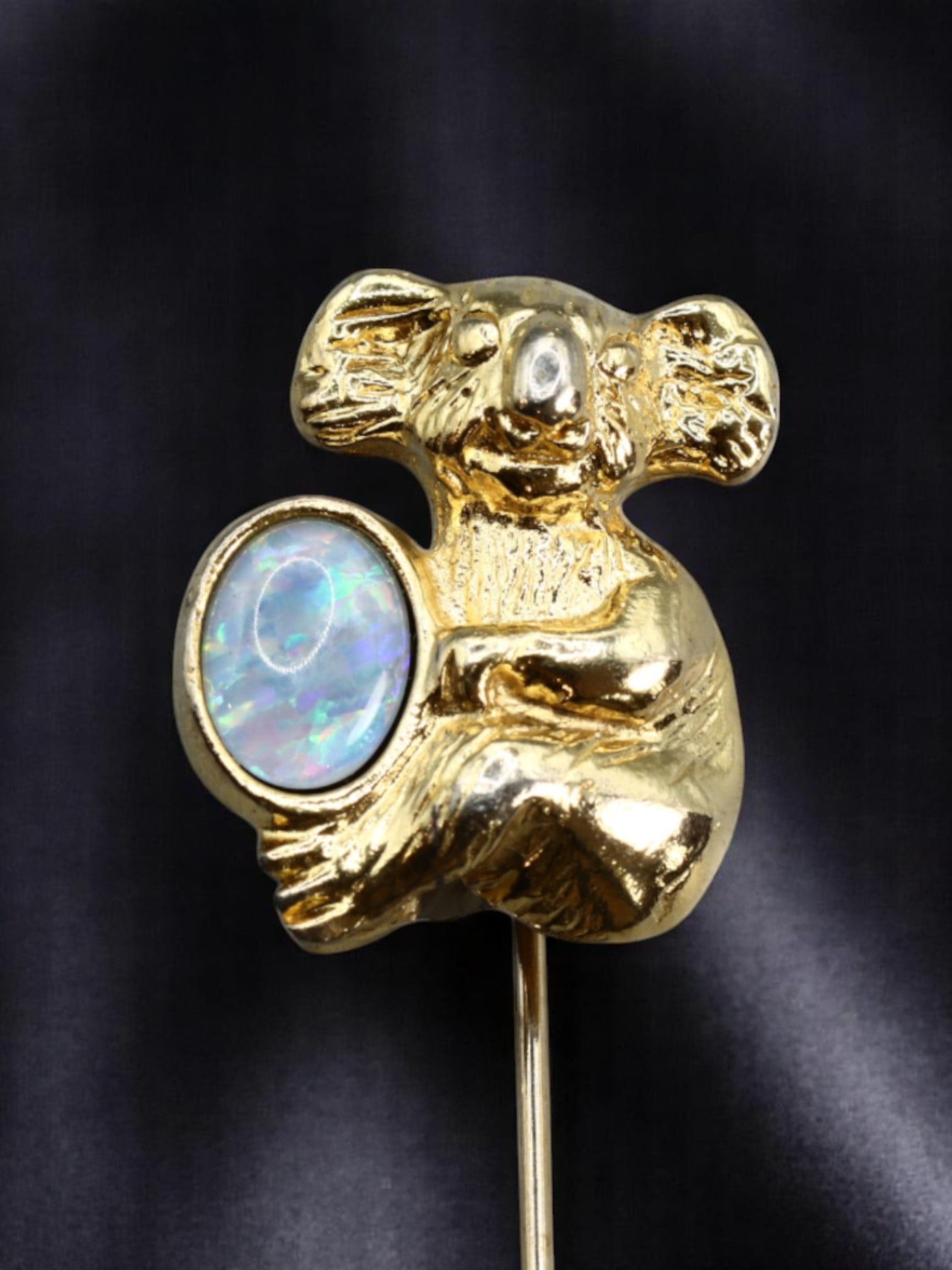 VINTAGE WHIMSY: Koala Stick Pin - Natural Doublet Black Opal, Goldtone 5.5x1.8cm (1 of 3)