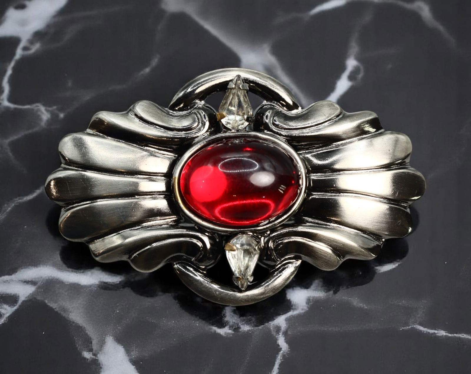 BOLD STATEMENT ERA: Winged Brooch - Regal Scroll Design, Red Cabochon & Clear Stone, 5.5x3.5cm (1 of 2)
