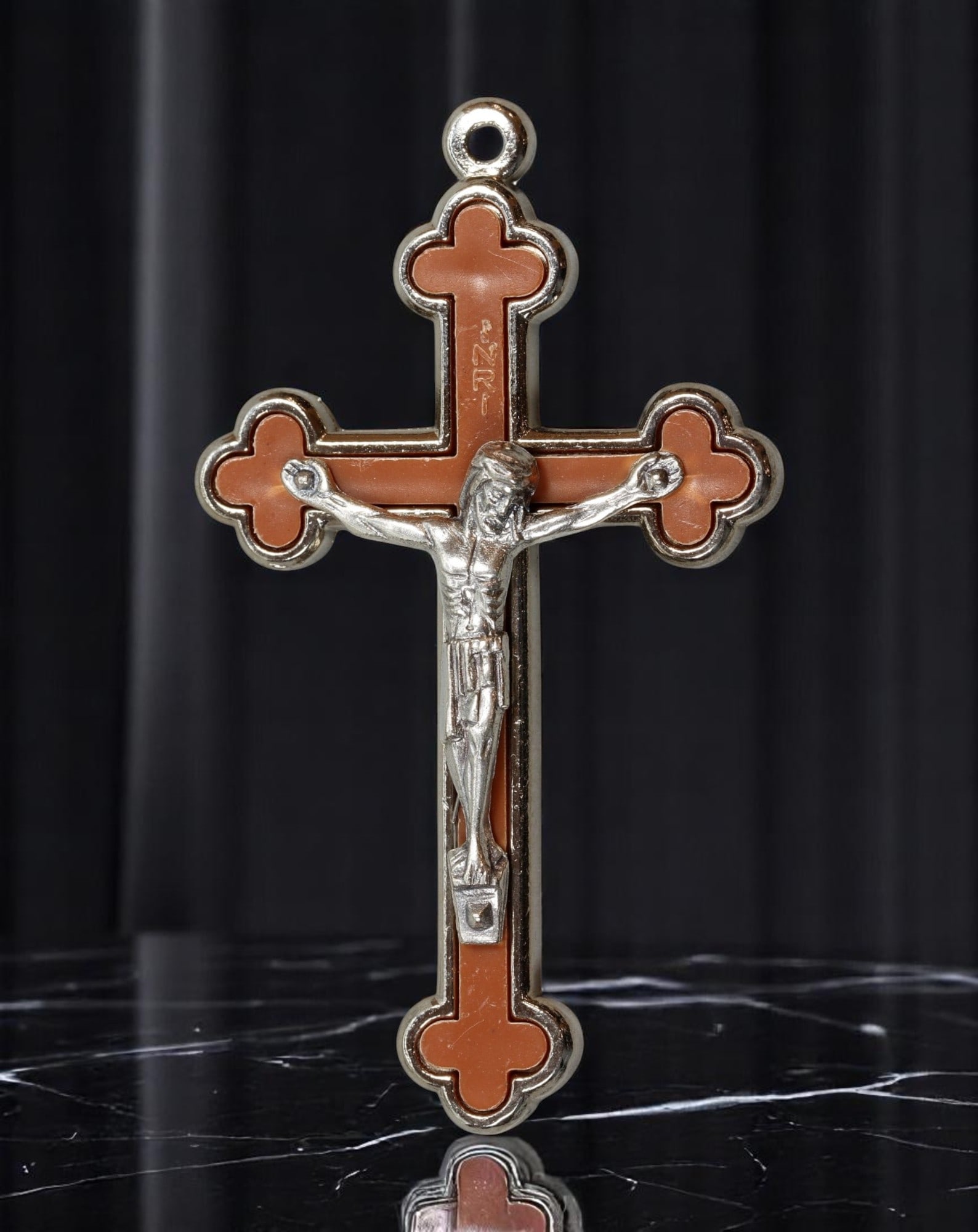 ITALY VINTAGE CRUCIFIX PENDANT - Gothic Clover-End Cross with Enamel-Like Inlay, 6x3.5cm: From an estate jewelry collection, this vintage crucifix pendant is stamped "ITALY" and features a traditional clover-ended cross with warm terracotta enamel-like inlay. A cast silvertone corpus of Ch