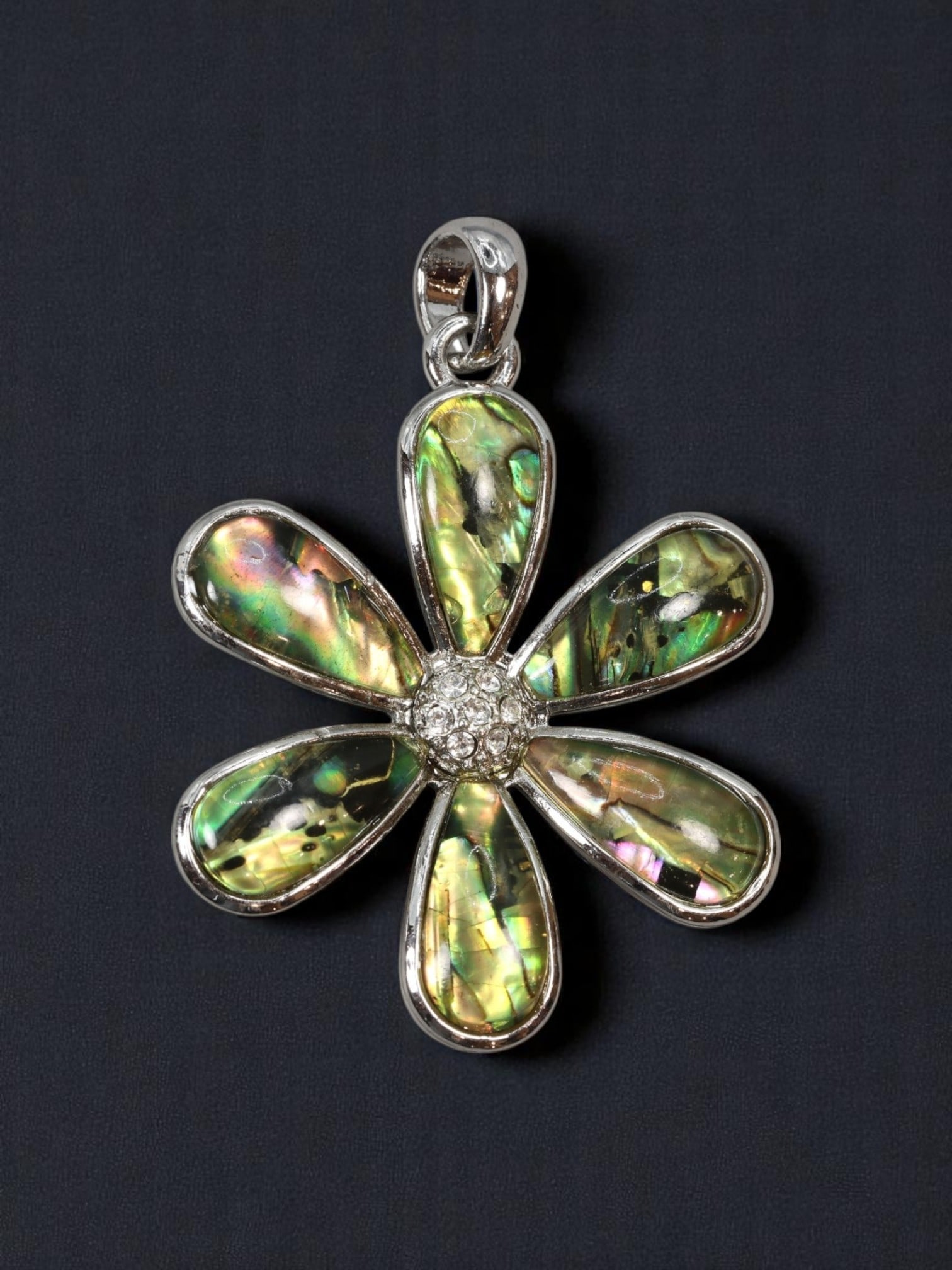 LIA SOPHIA: Modern Romantic Pendant - Abalone-Effect Floral with Clear Pave Center, 5.5x4cm: This estate pendant by Lia Sophia celebrates bold feminine design with a vivid flower form crafted in luminous abalone-effect inlays. Each petal gleams with iridescent tones of green, violet, and gold