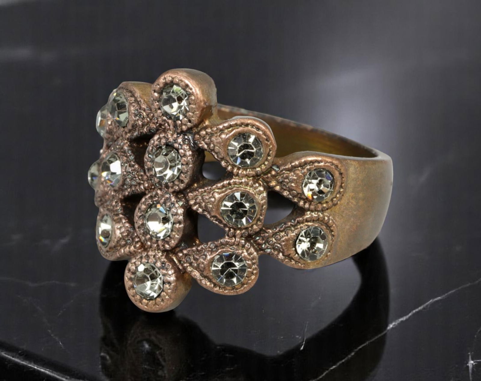 VINTAGE MID-CENTURY STYLE: Pave Dome Ring - Textured Bronze Finish with Clear Stones, Size 9.5 US (1 of 2)