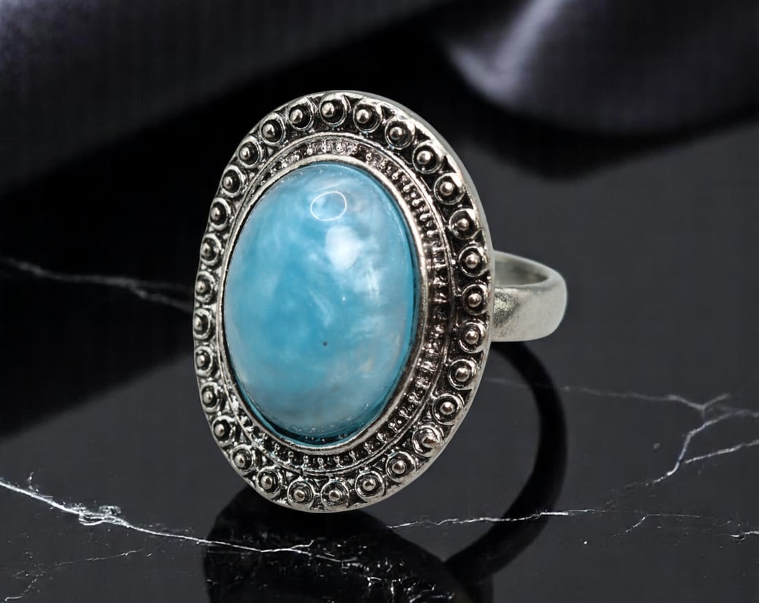 VINTAGE STYLE: Oval Cabochon Ring - Blue Stone with Granulated Halo Detail, Size 8.5 (1 of 2)