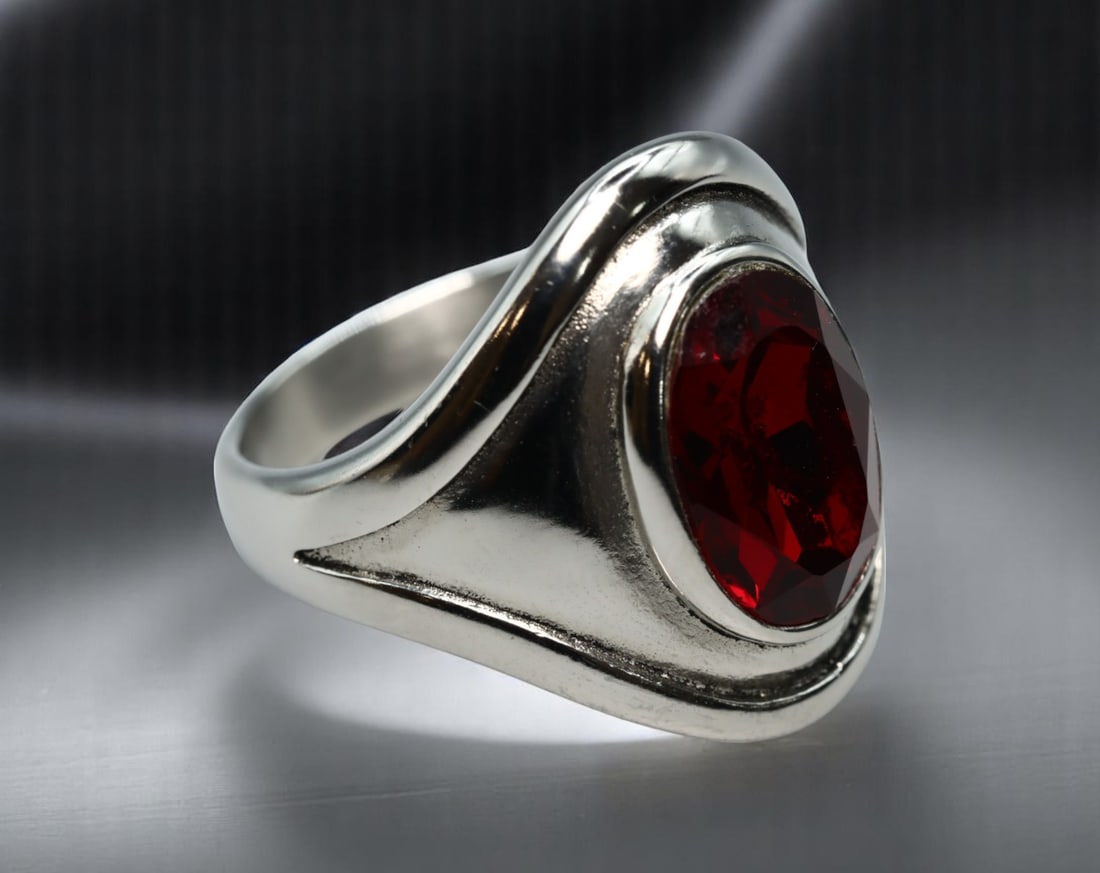 VINTAGE ARTISTIC MODERN STYLE: Ruby-Like Cabochon Ring - Sculpted Silvertone Wrap Form, Size 11 US (1 of 2)