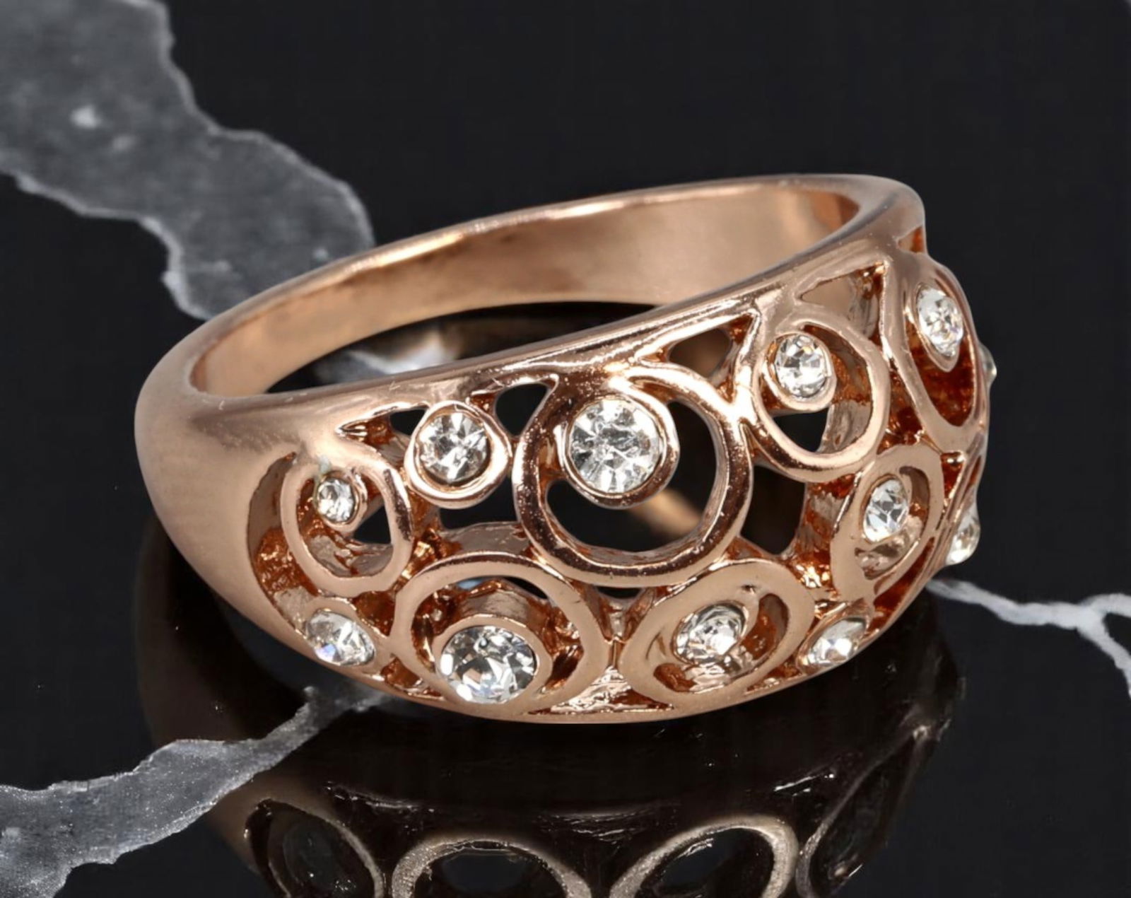 BOLD STATEMENT ERA: Rosegold Dome Ring - Swirl Openwork with Bezel-Set Clear Stones, Size 9 (1 of 2)