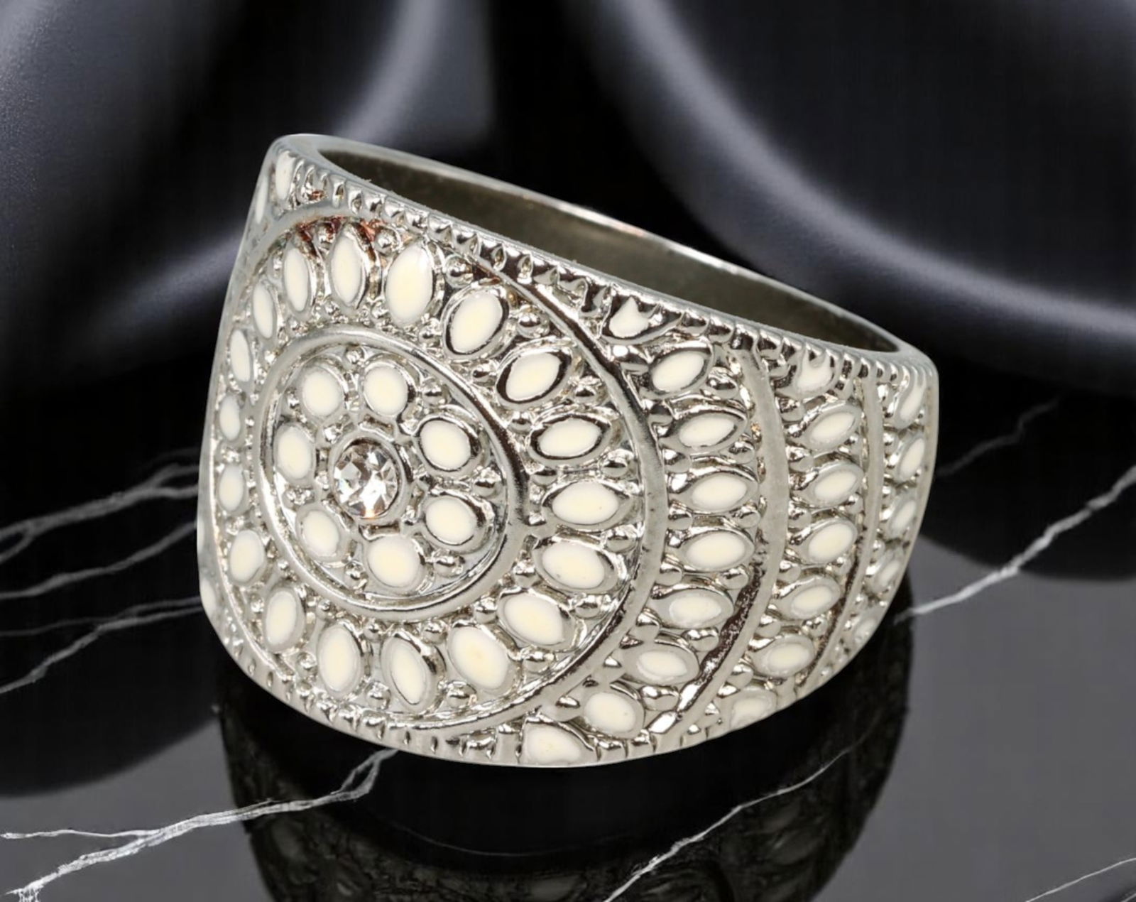 VINTAGE: Wide Dome Ring - Mandala-Inspired Enamel Pattern with Clear Center Stone, Size 8.5 (1 of 2)
