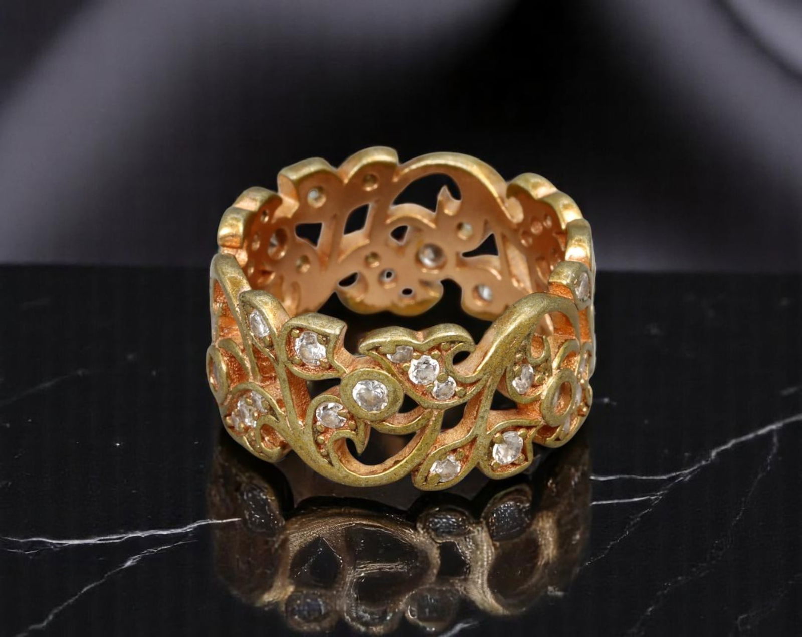NATURE SYMBOLISM: Openwork Vine Band - Leaf Motif with Clear Stones in Brushed Goldtone, Size 5.5 (1 of 2)