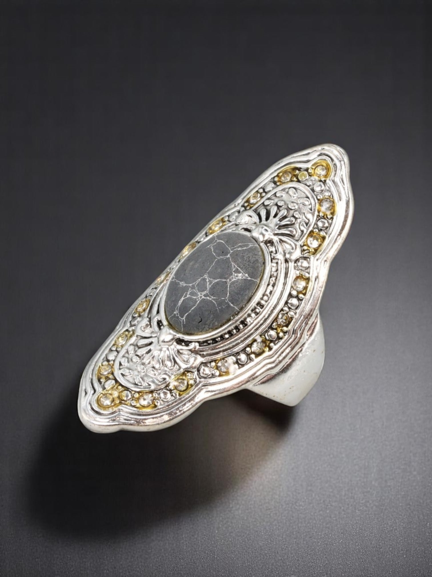 VINTAGE: Elongated Statement Ring - Black Center Stone with Ornate Silvertone & Yellow Accents, Size (1 of 2)