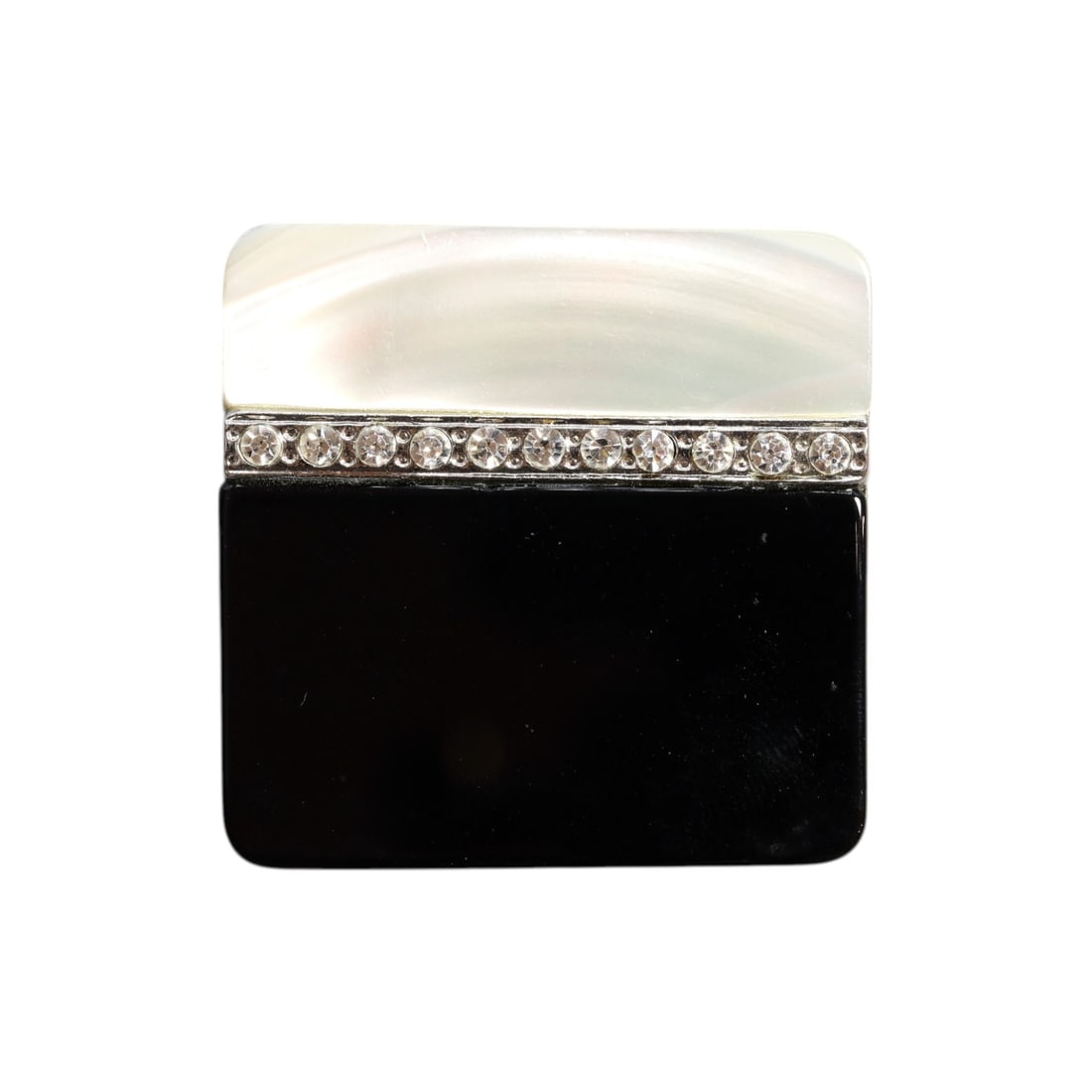 ARTISTIC MODERN STYLE: Brooch - Abstract Monochrome Block, Black & Iridescent Tones, Silvertone, 4cm: This bold modernist brooch showcases a striking rectangular design in contrasting high-gloss black and iridescent pearl-like inlay, divided by a sleek row of brilliant-cut clear stones. Rendered in po