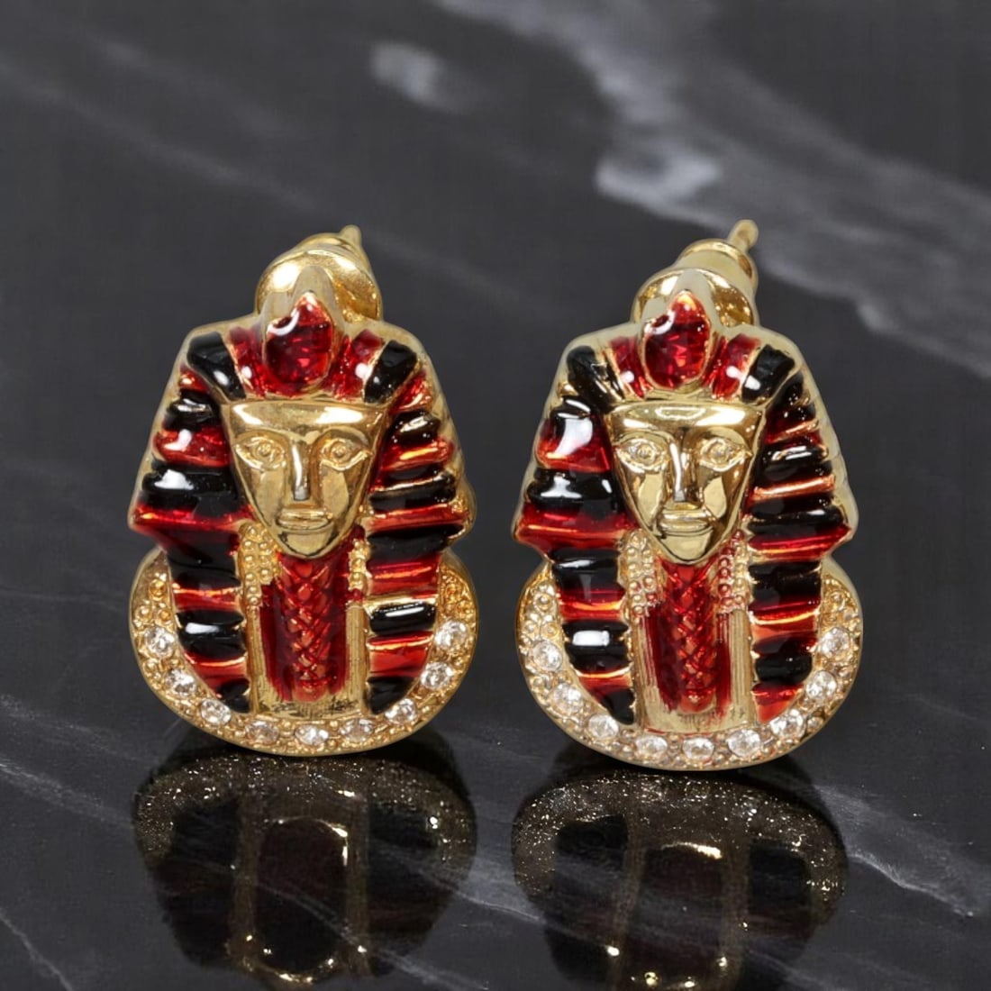 VINTAGE STATEMENT STYLE: Pharaoh Stud Earrings - Ruby-Red Enamel & Clear Stones 2.3x1.5cm (1 of 2)