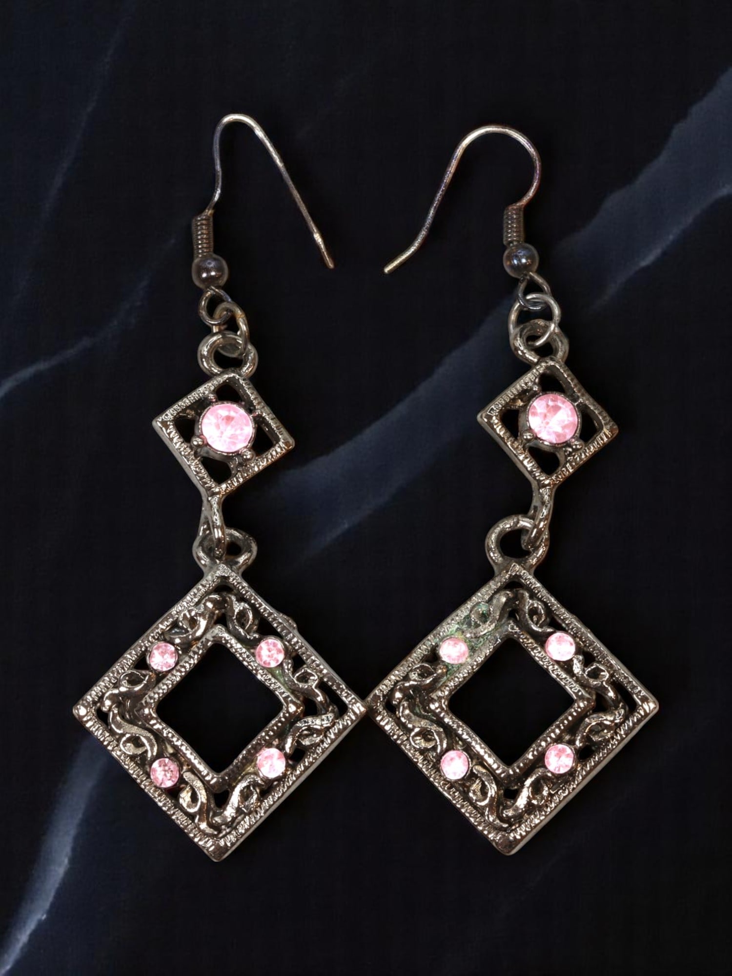 VINTAGE ARTISTIC MODERN STYLE: Dangle Earrings - Geometric Filigree with Pink Stones 6.5x2.6cm (1 of 2)