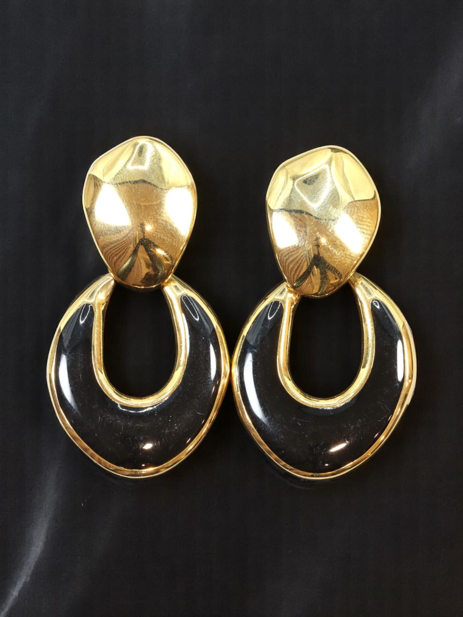 VINTAGE 1980s: Sculptural Drop Earrings - Black Enamel Oval Loops 5x2.7cm (1 of 2)