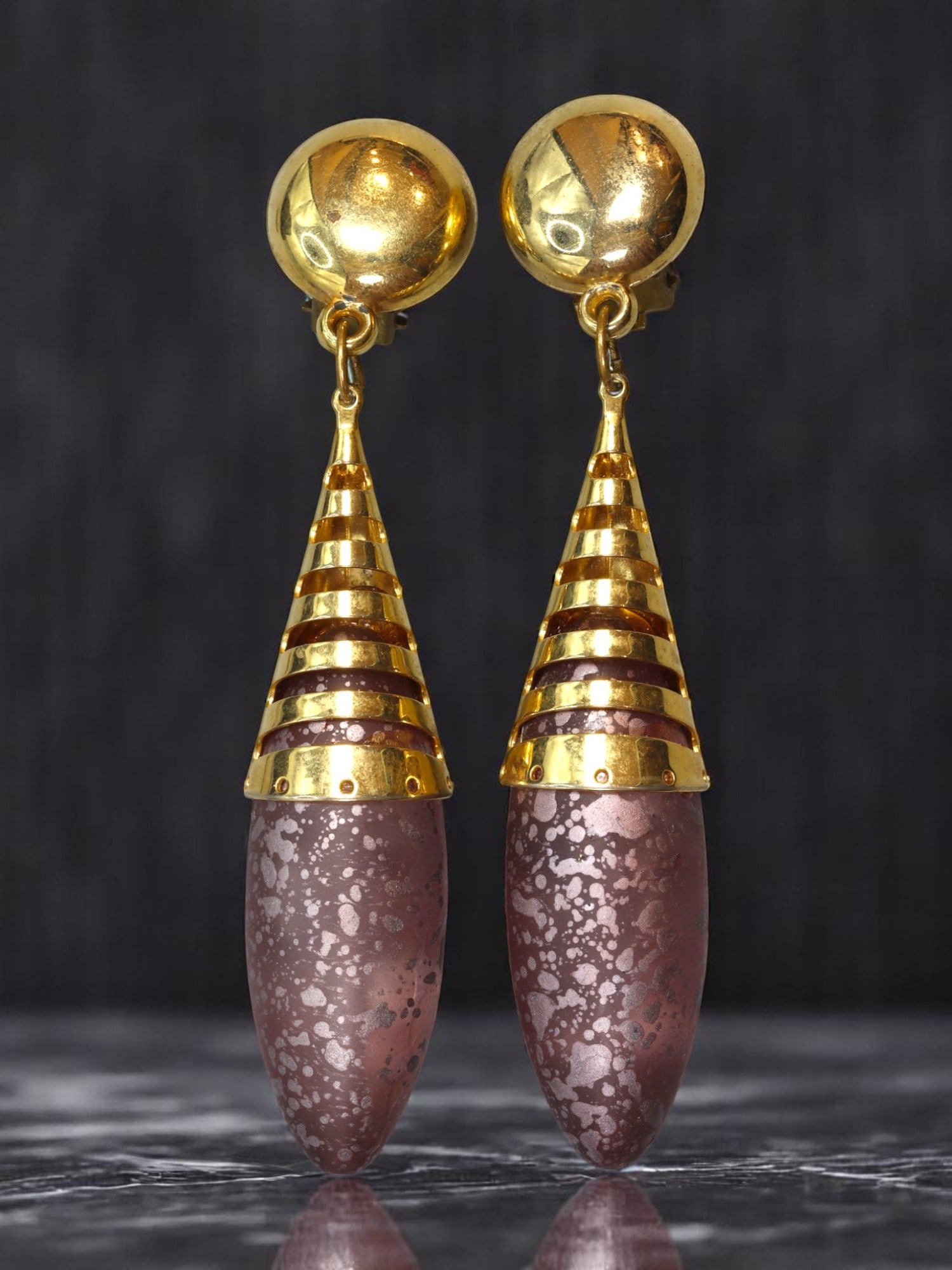 VINTAGE MID-CENTURY: Statement Drop Earrings - Speckled Plum Drops, Cone Caps 9x1.6cm (1 of 2)