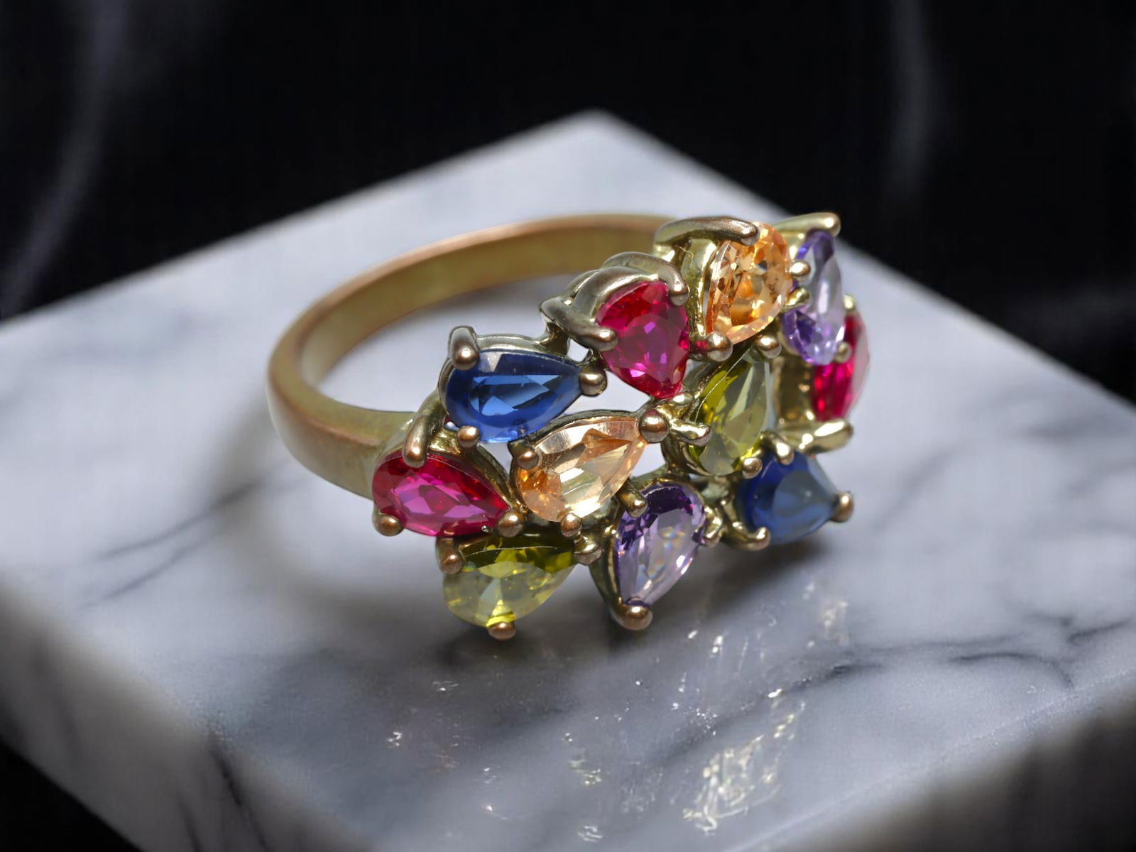 MODERN ROMANTIC: Rainbow Cluster Ring - Pear-Cut Multicolor Stones, Goldtone Band, Size 8.5 US (1 of 2)