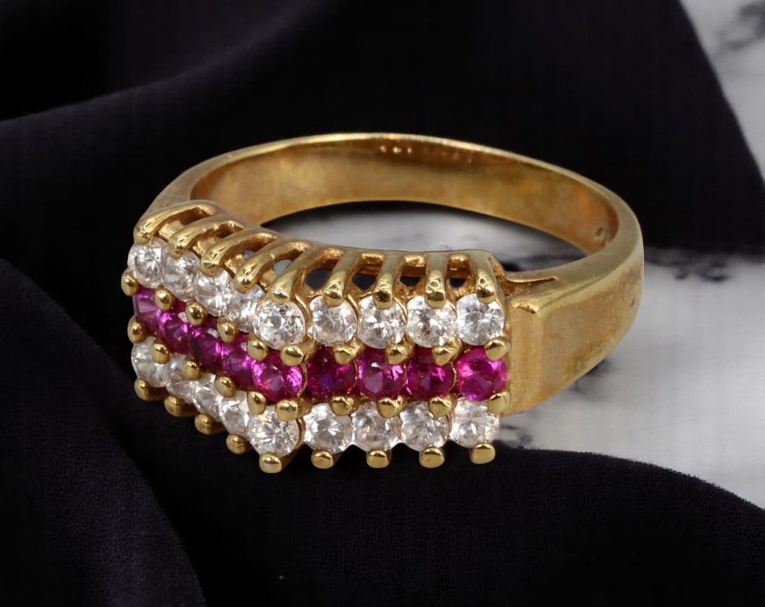 VINTAGE BOLD STATEMENT ERA: Ring - Ruby-Like & Clear Stones, Raised Tiered Form, Size 9 US (1 of 2)
