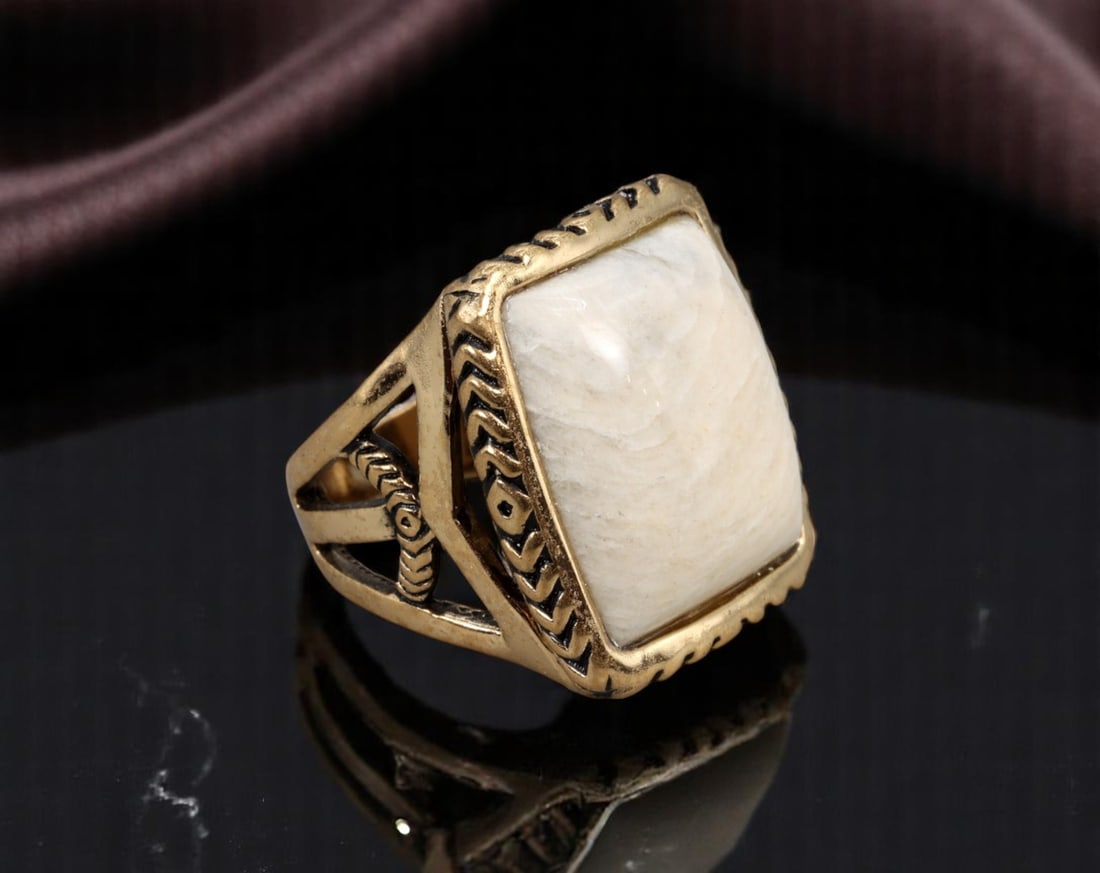 ANTIQUE STYLE: Men's Ring - Square Bezel, Tribal Carved Frame, Ivory-Like Center, Size 8 US (1 of 2)