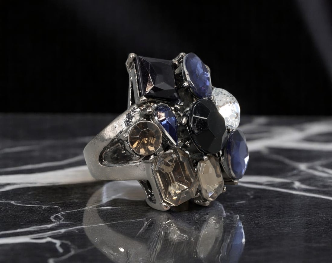 BOLD STATEMENT ERA: Mixed-Cut Cluster Ring - Black, Blue & Champagne Stones, Silvertone, Size 7 US (1 of 2)