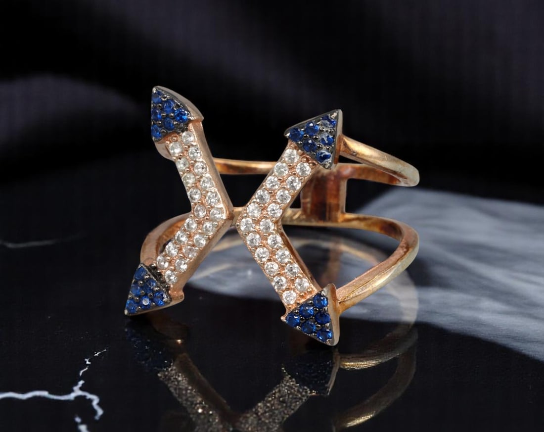 VINTAGE MODERN ROMANTIC: Open X Ring - Blue & Clear Pave Arrow Tips, Split Shank, Size 8 US (1 of 2)