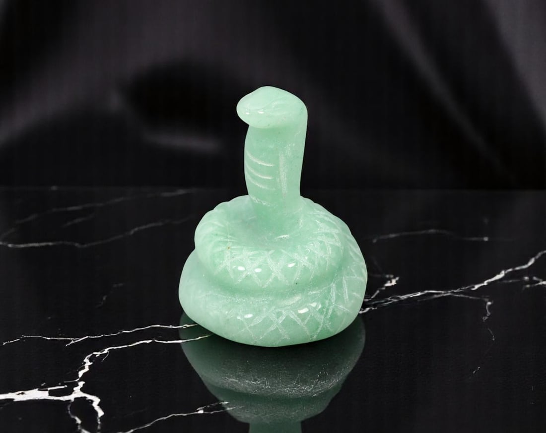 ANTIQUE STYLE: Carved Cobra Figurine - Green Jade Stone, Coiled Form with Etched Detail, 3cm (1 of 3)