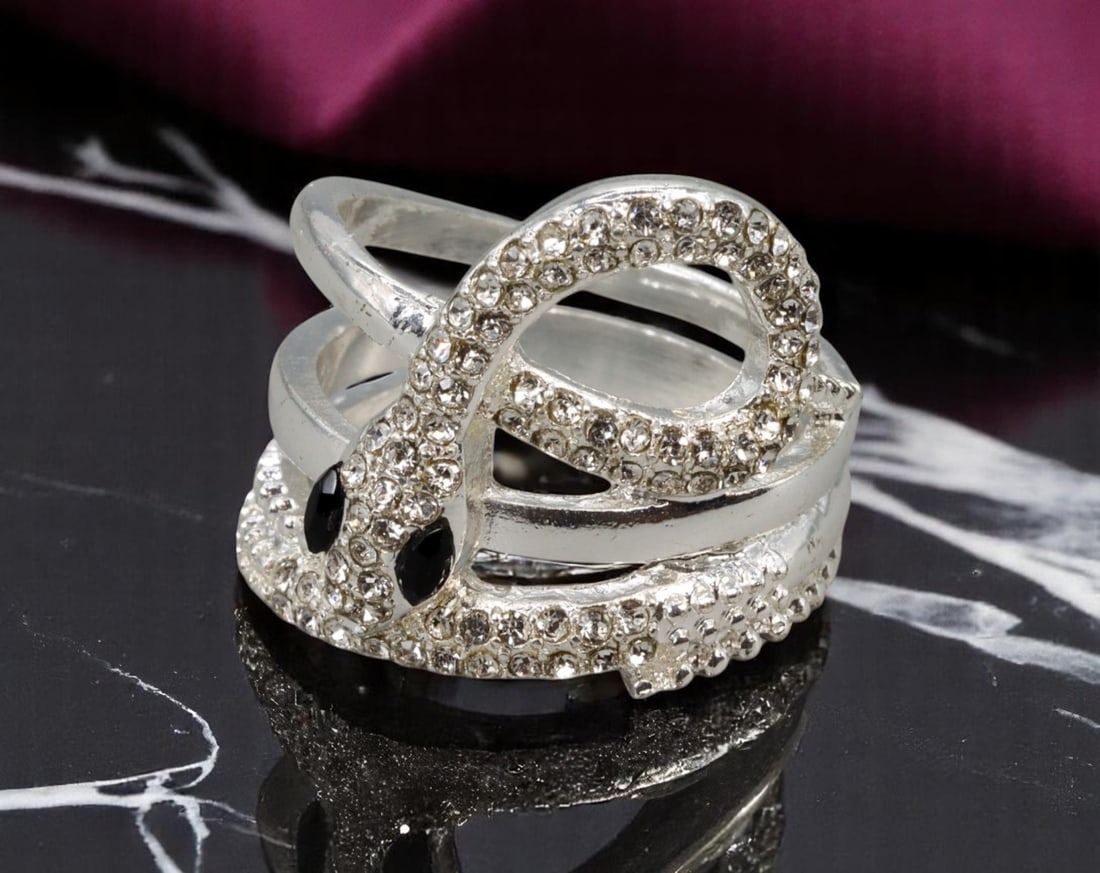 NATURE SYMBOLISM STYLE: Serpent Wrap Ring - Clear Pave Stones, Black Eyes, Silvertone, Size 8 US (1 of 2)