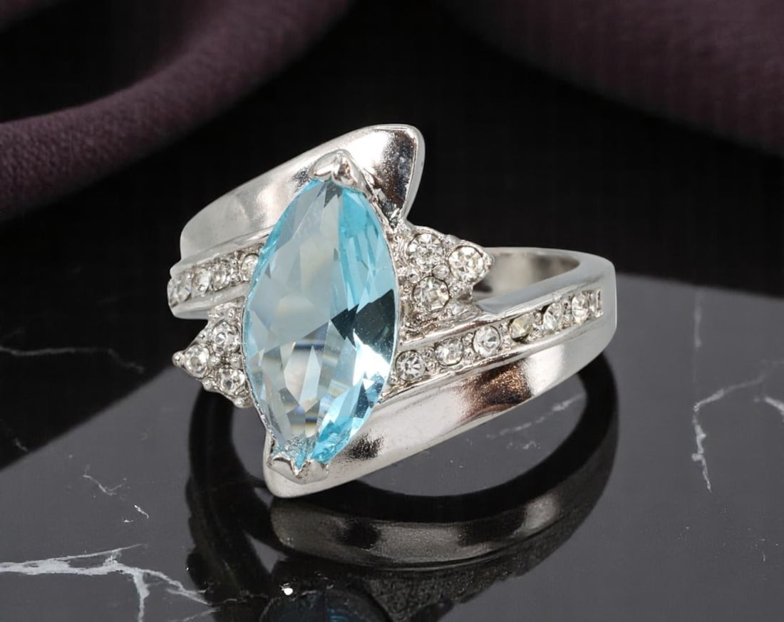 10KT: Romantic White Gold Ring Duo - Marquise-Cut Blue Topaz & Pave Accents (Size 6.5 US) (1 of 2)