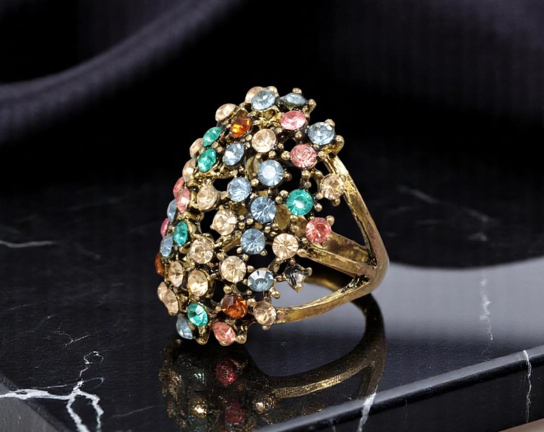 VINTAGE BOLD STATEMENT ERA: Ring - Cluster Dome with Multi-Color Stones, Size 5.5 US (1 of 2)