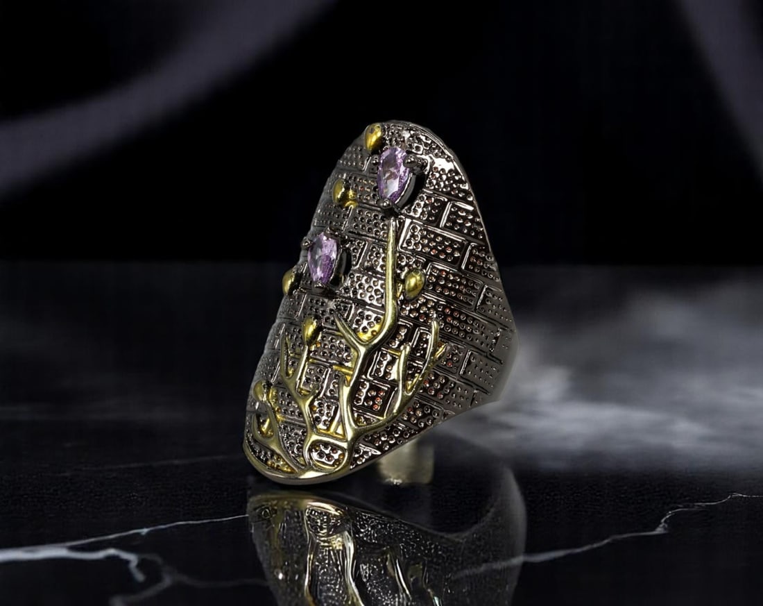 VINTAGE ARTISTIC MODERN: Elongated Shield Ring - Textured Grid with Vines & Lilac Stones, 8 US (1 of 3)