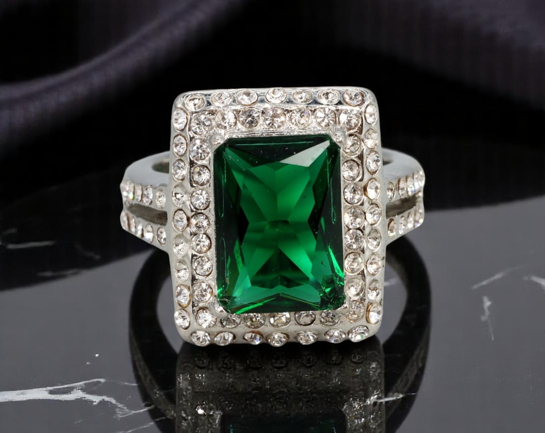BOLD STATEMENT ERA: Emerald-Like Ring - Double Halo Pave, Split Shank Silvertone, Size 10 US (1 of 2)