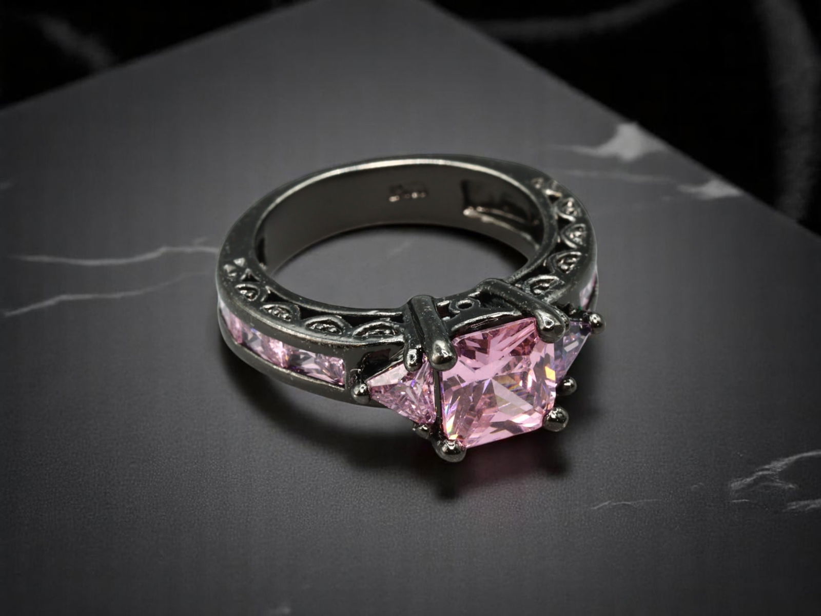 10KT BOLD STATEMENT: Ring - Pink Brilliant-Cut Trilogy, Sculptural Black Finish, Size 6 (1 of 4)