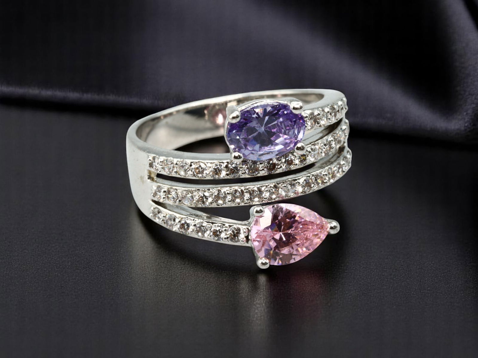 MODERN ROMANTIC: Ring - Dual Pear Brilliant Stones with Triple Pave Bands, Silvertone, Size 9 (1 of 3)