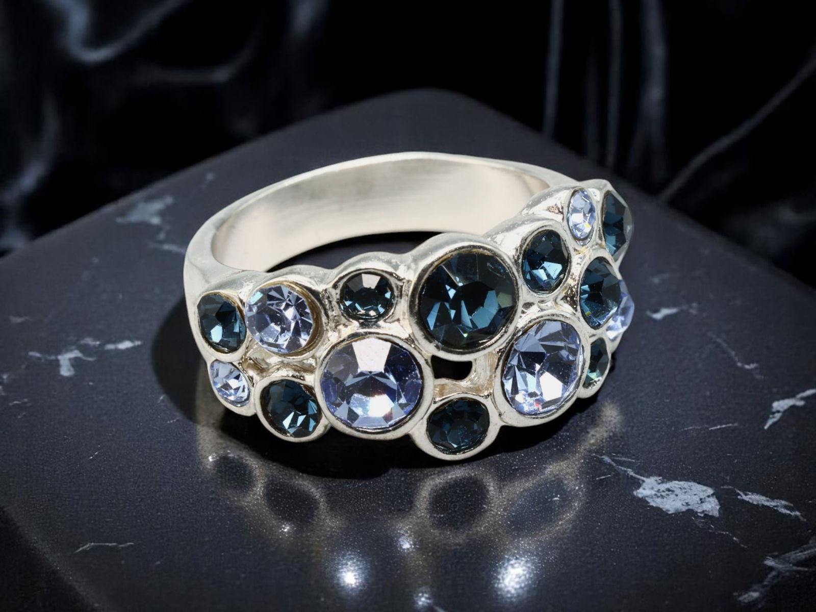 BOLD STATEMENT ERA: Ring - Sculptural Dome with Blue & Ice-Tone Cluster Stones, Silvertone, Size 8.5 (1 of 3)