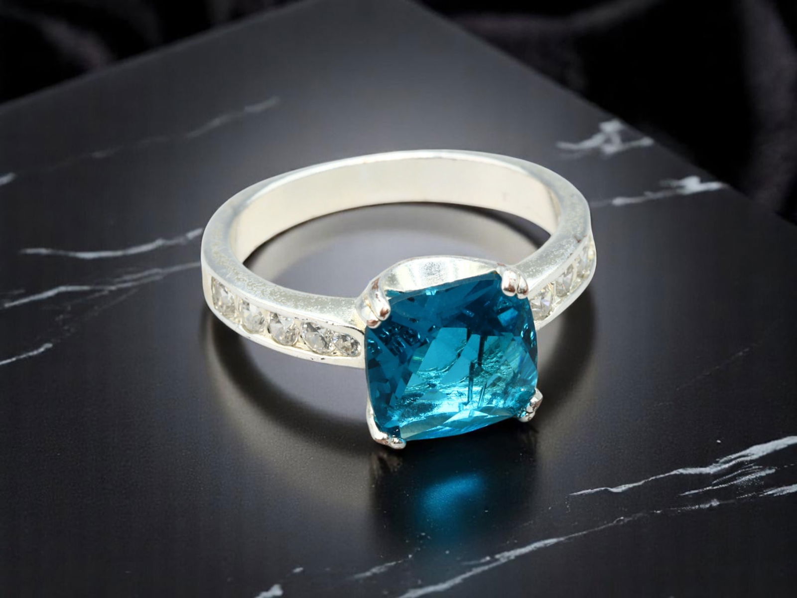 VINTAGE STATEMENT RING: Cushion-Cut Blue Stone, Channel-Set Band, Size 9.5 US (1 of 3)