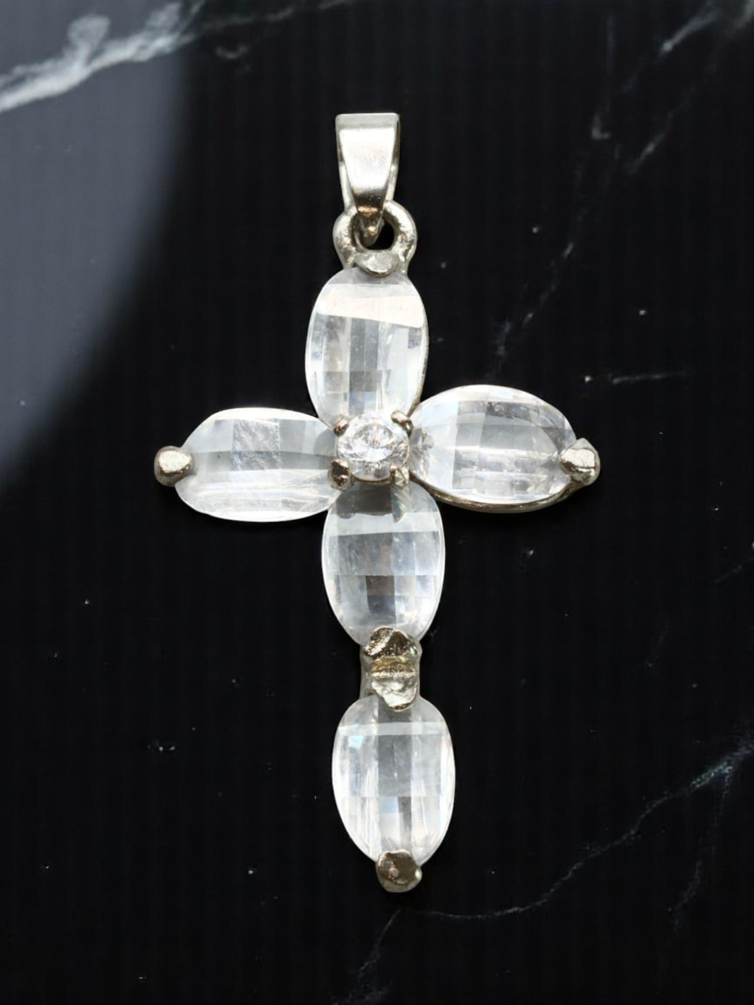 VINTAGE: Faceted Cross Pendant - Clear Gem-Style Stones in Prong Setting, 4x2.2cm: Estate Jewelry with classic devotional styling, this vintage pendant features a refined cross form composed of five faceted, oval-cut clear stones-reminiscent of rock crystal or moonstone-set in a str