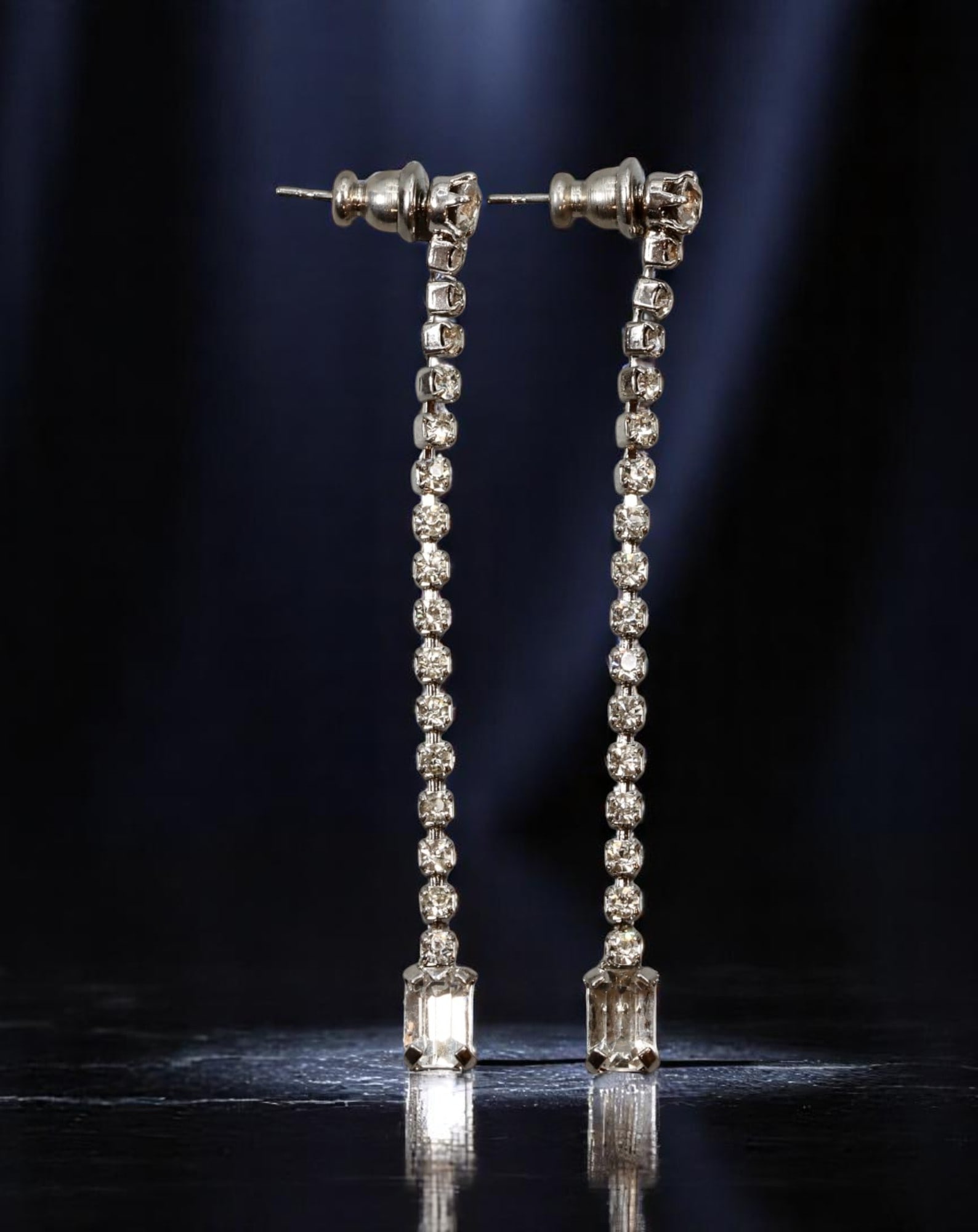 BOLD STATEMENT ERA: Long Line Drop Earrings - Clear Brilliant-Cut Gems in Silvertone, 5.5cm (1 of 1)