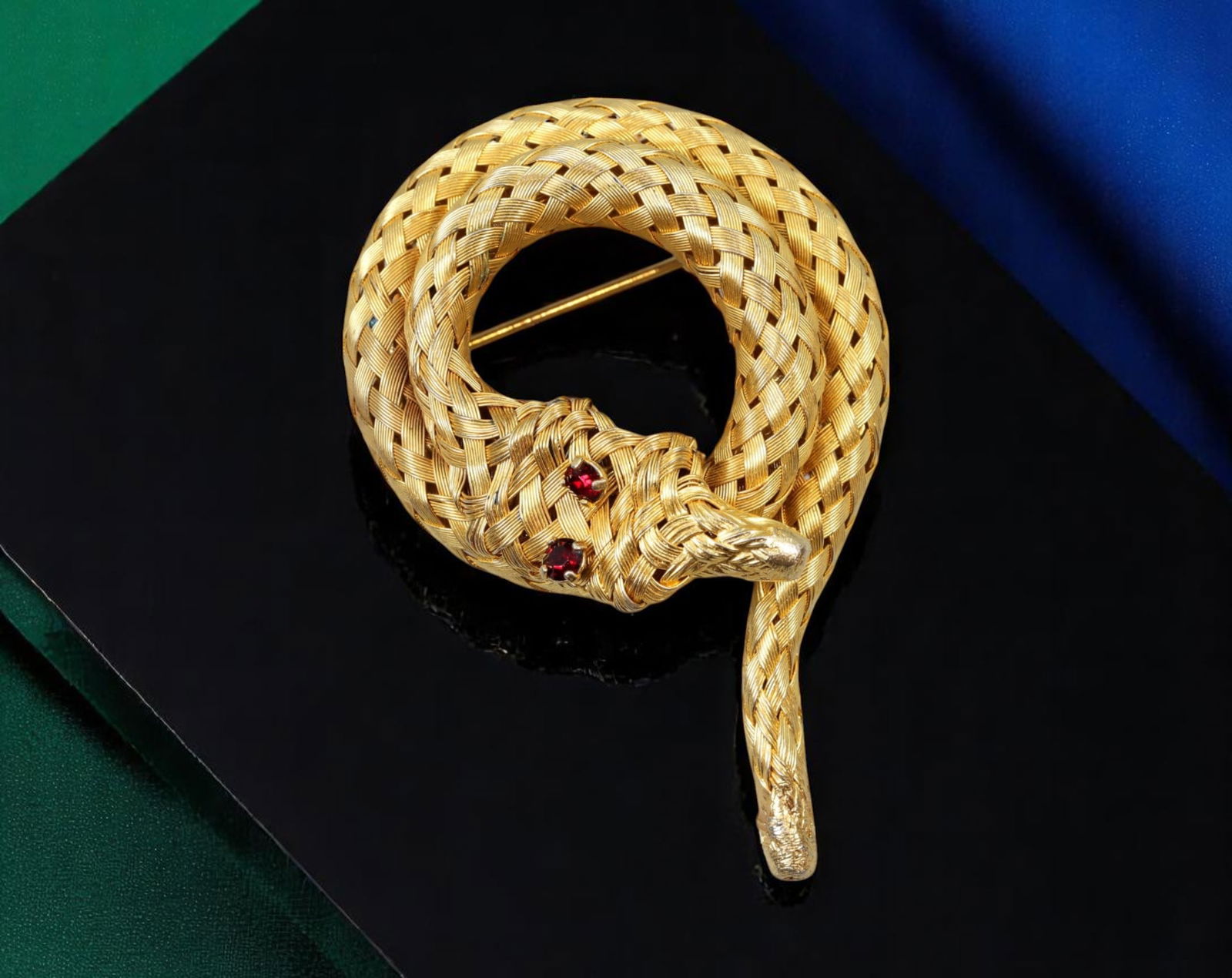 MID-CENTURY REVIVAL: Snake Brooch - Coiled Form with Ruby-Like Eyes, Textured Goldtone, 6cm (1 of 2)