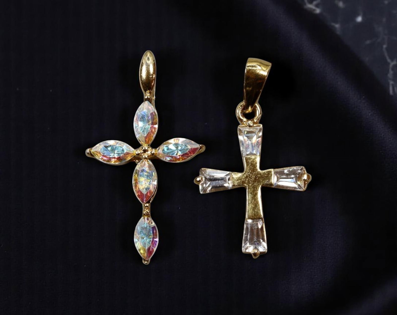 VINTAGE: Cross Pendant Pair - Aurora Marquise & Clear Baguette Stones, Goldtone, 2.5cm Each (1 of 2)