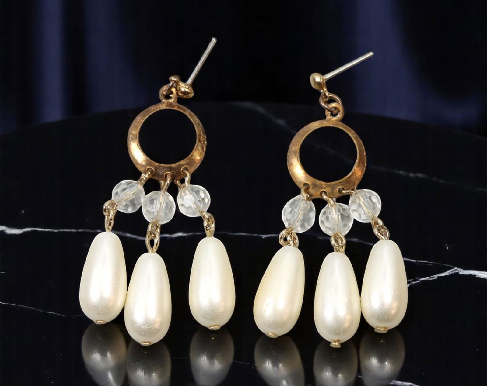 MODERN ROMANTIC: Drop Chandelier Earrings - Clear Facets & Pearl-Like Teardrops, 5.5x2.5cm: Estate Jewelry with poetic balance, these 5.5x2.5cm chandelier earrings feature a trio of luminous pearl-like teardrop beads suspended from faceted clear rounds and a warm goldtone open ring. The tier