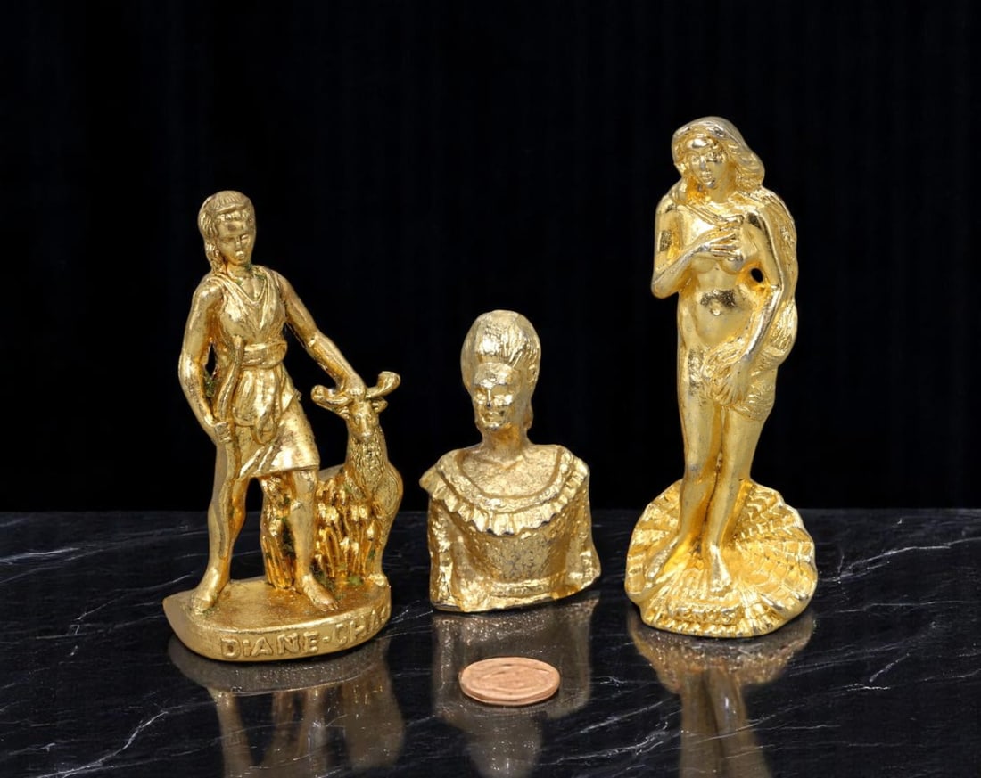 CLASSICAL REVIVAL: Gilt Miniatures of Venus, Diane Chasseresse & 18thC Lady Bust, 2.5-4.5 cm (1 of 2)